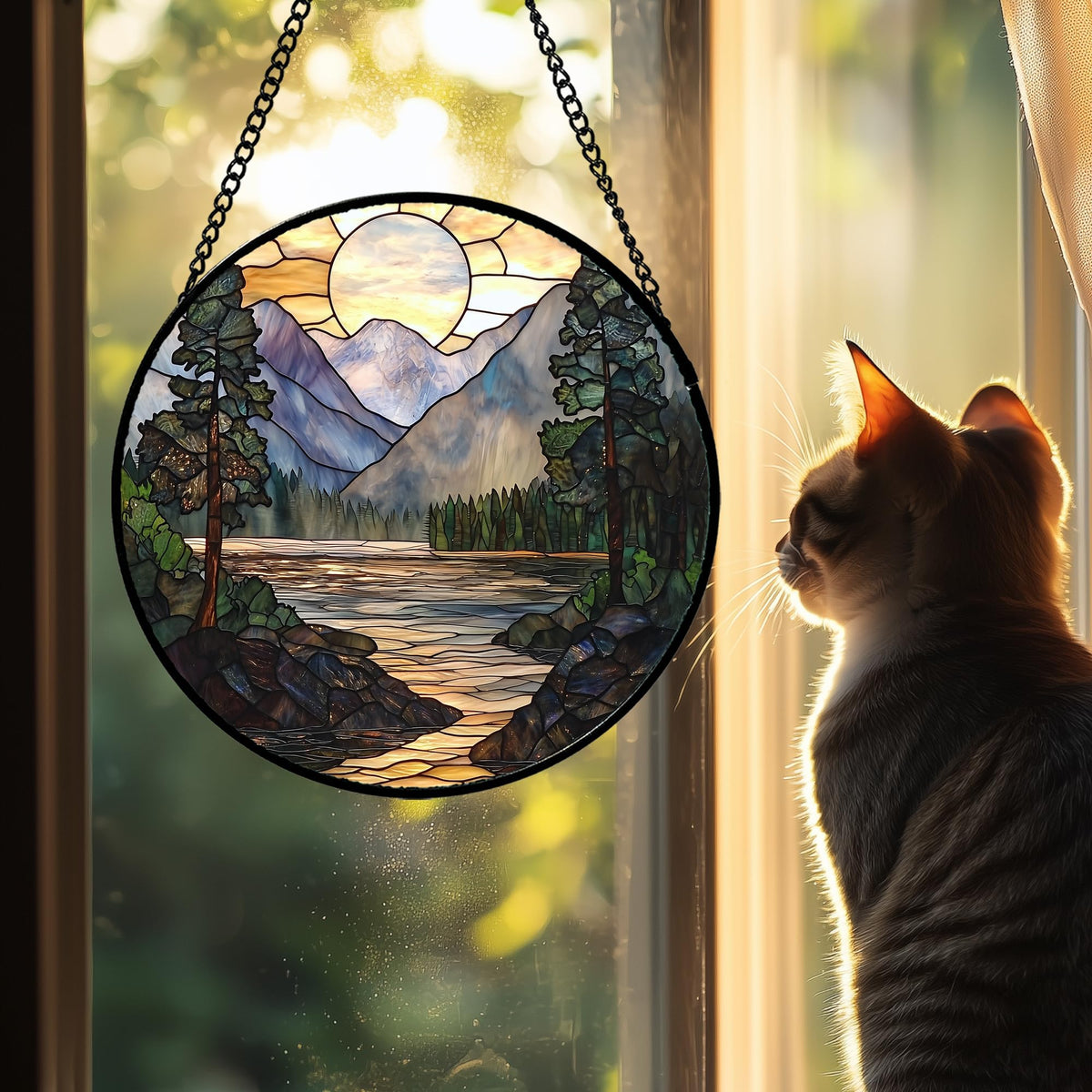 AMDERVEN Stained Glass Window Hanging, Sunset Mountains Lake Tree Sun Catcher for Window Home Decor Landscape Suncatcher Mother's Day Birthday Gifts for Women Men Mom and Nana 6.3 in