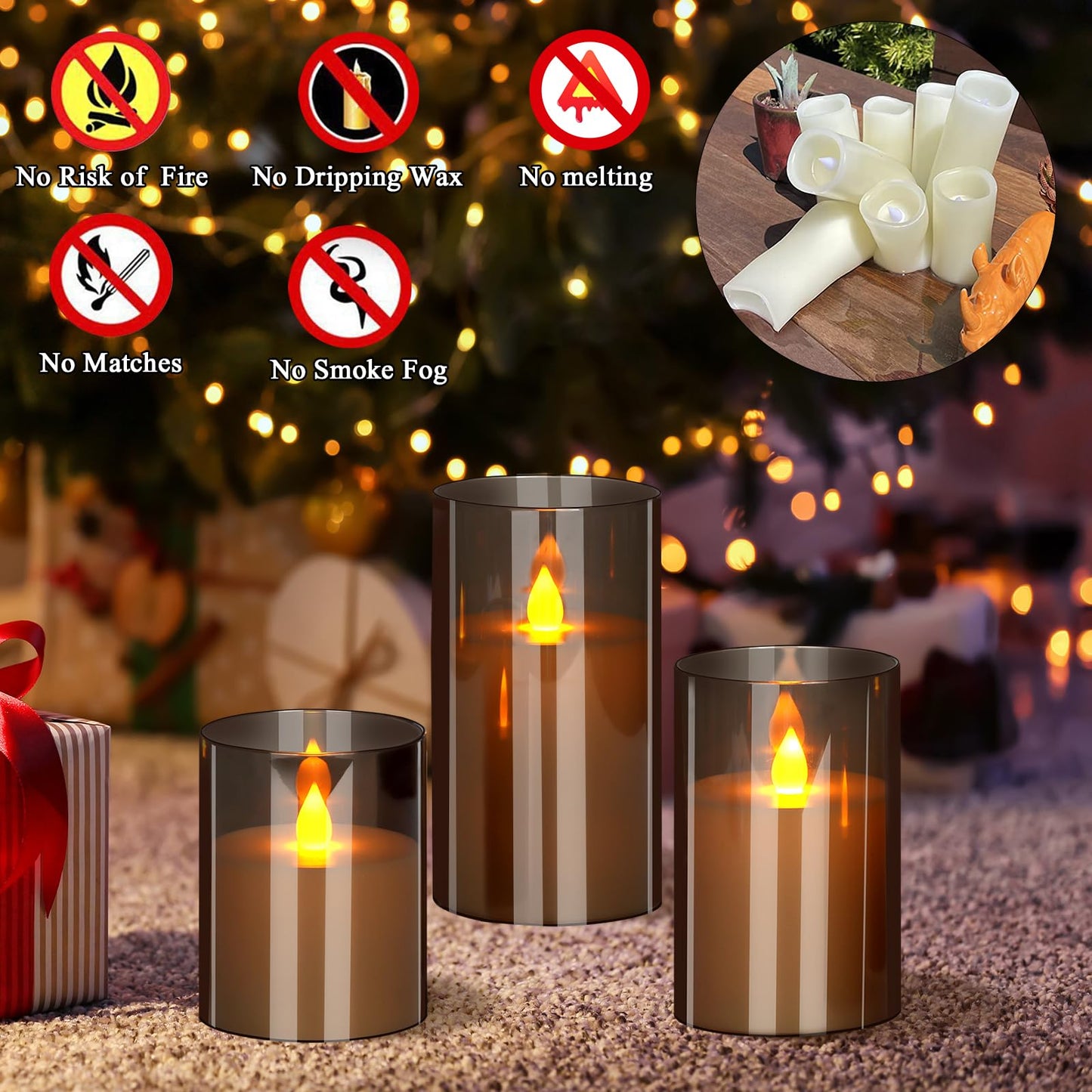 wemarry Flameless Candles 4" 5" 6" Set of 3 Acrylic Glass Pillars 3" Diameter Battery Operated Flickering Candles Include 10-Key Remote with Timer Function 400+ Hours (Gray, Warm Light 3 Pack)