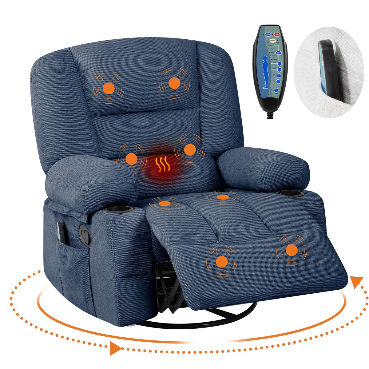 Rocker Recliner Chair with Heat and Massage,Nursery Recliner 360° Swivel Oversized Chairs for Adults,Chenille Lazy Boy Single Sofa Seat with 3 Positions,Side Pockets,2 Cup Holders for Living Room,Blue