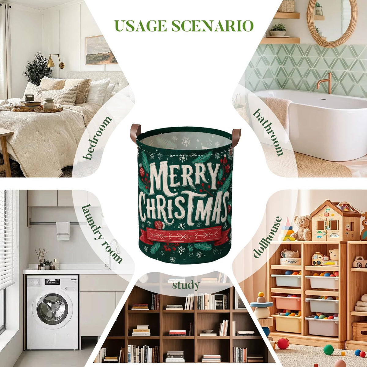 Vintage Merry Christmas Art Laundry Hamper, 15.75x19.7" Large Canvas Clothes Basket with Leather Handles, Retro Dark Green Holiday Storage Bin for Bedroom Bathroom Playroom