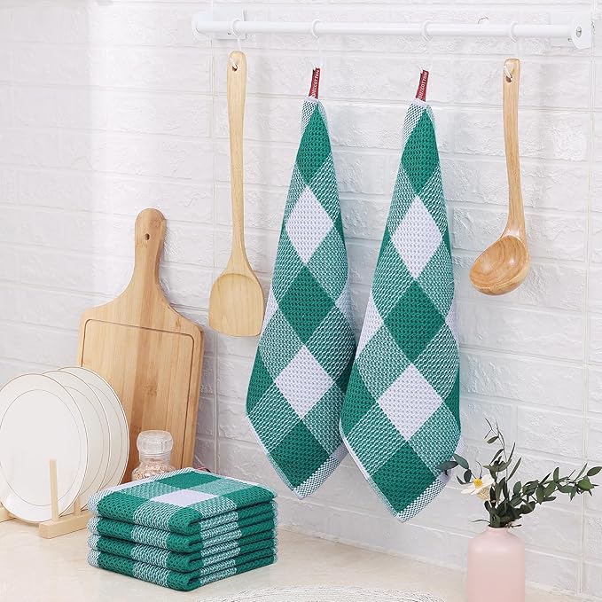 Homaxy 100% Cotton Waffle Weave Check Plaid Dish Cloths, 12 x 12 Inches