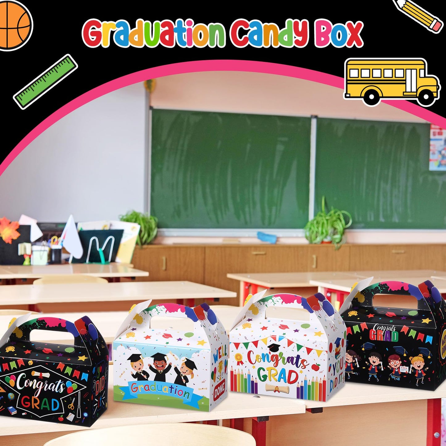 Tenceur 30 Pack Preschool Kindergarten Graduation Treat Boxes 2026 Congrats Grad Kindergarten Candy Goodie Cardboard Boxes with Handle for Kids Graduation Party Favors Gifts Bag