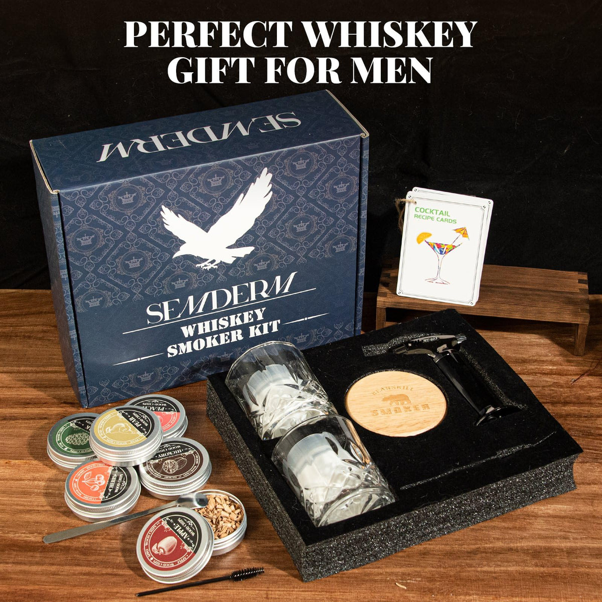 Bourbon Whiskey Smoker Kit with Torch - Old Fashioned Cocktail Smoker Kit with 2 Whiskey Glasses, 6 Wood Chips - Valentines Anniversary Birthday Gifts for Men Dad Husband Boyfriend (No Butane)