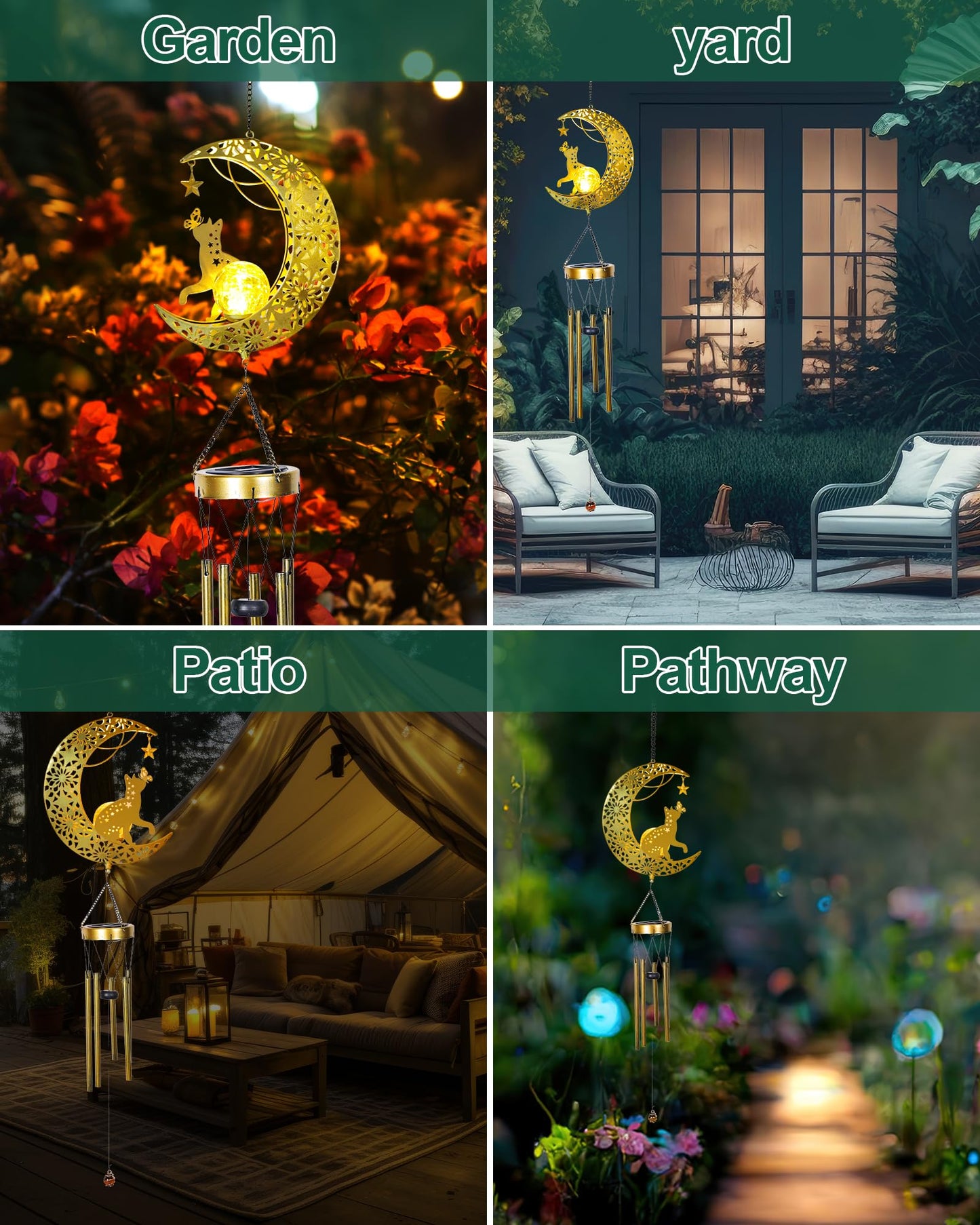 Vuees Solar Garden Outdoor Decor, Moon Cat Hanging Wind Chimes, Housewarming Ornament for Patio, Lawn, Yard, Pathway - Unique Gift Ideas for Gardening Mom Grandma Women