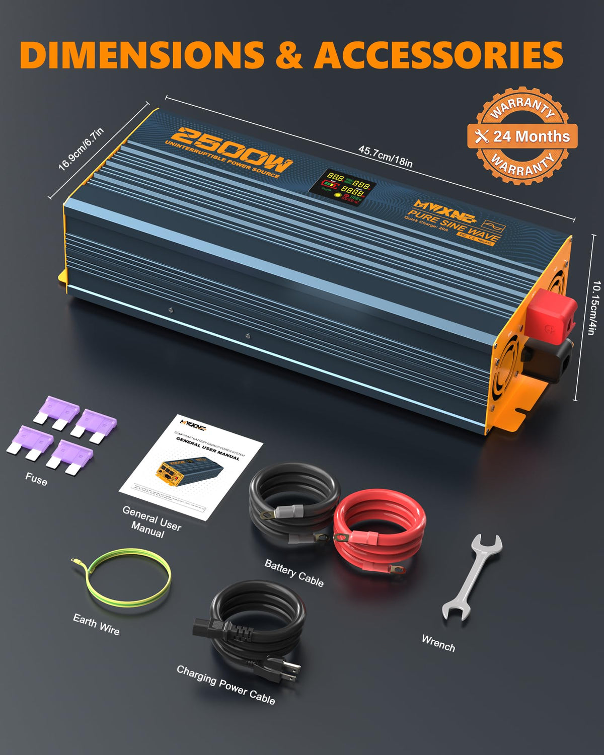 MWXNE 2500W Sump Pump Battery Backup with Pure Sine Wave, Auto Switchover to Inverter, LCD Screen, Power System or Basement Emergency & Power Outage