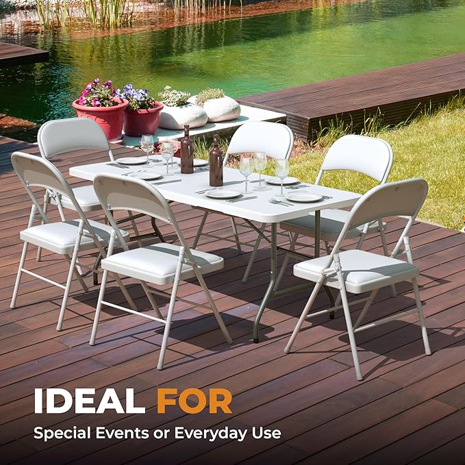 8 Pack Leather Chair | Foldable & Stackable | 350 lbs Capacity Steel Frame Seats for Indoor or Outdoor | Commercial Use Events Wedding Party Events Bulk Picnic Kitchen Dining - White