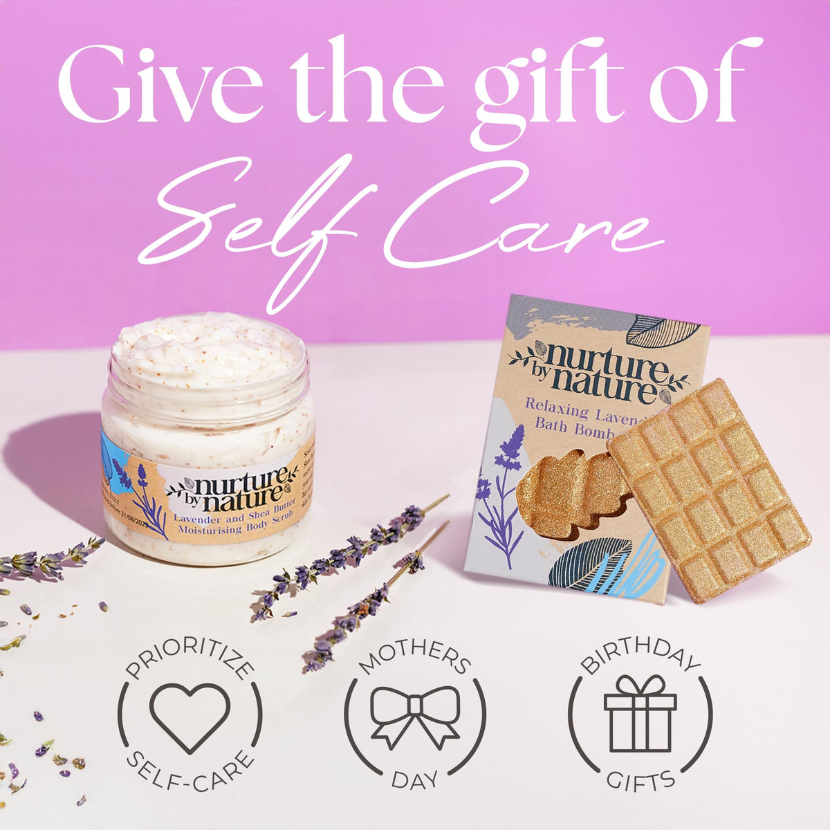 Nurture by Nature Spa Gifts for Women - Self Care Gift Set & Spa Gift Basket for Women, 6 Piece Bath Set with Candle, Bath Bomb, Salts & Pillow Spray - Relaxation Gifts, Mothers Day Gifts for Mom