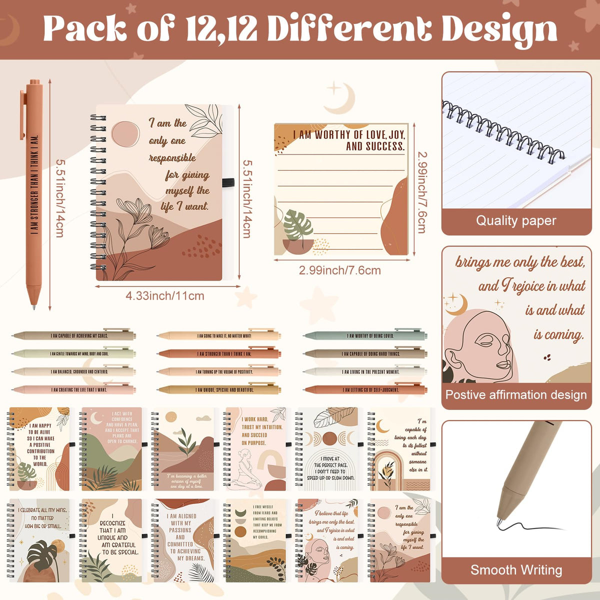 Funrous 36 Pcs/12 Set Positive Affirmation Gifts Gratitude Spiral Notebooks with Pens and Affirmations Stickers Motivational Encouragement Journal for Women Employee Adult Stationery Set Party Gifts