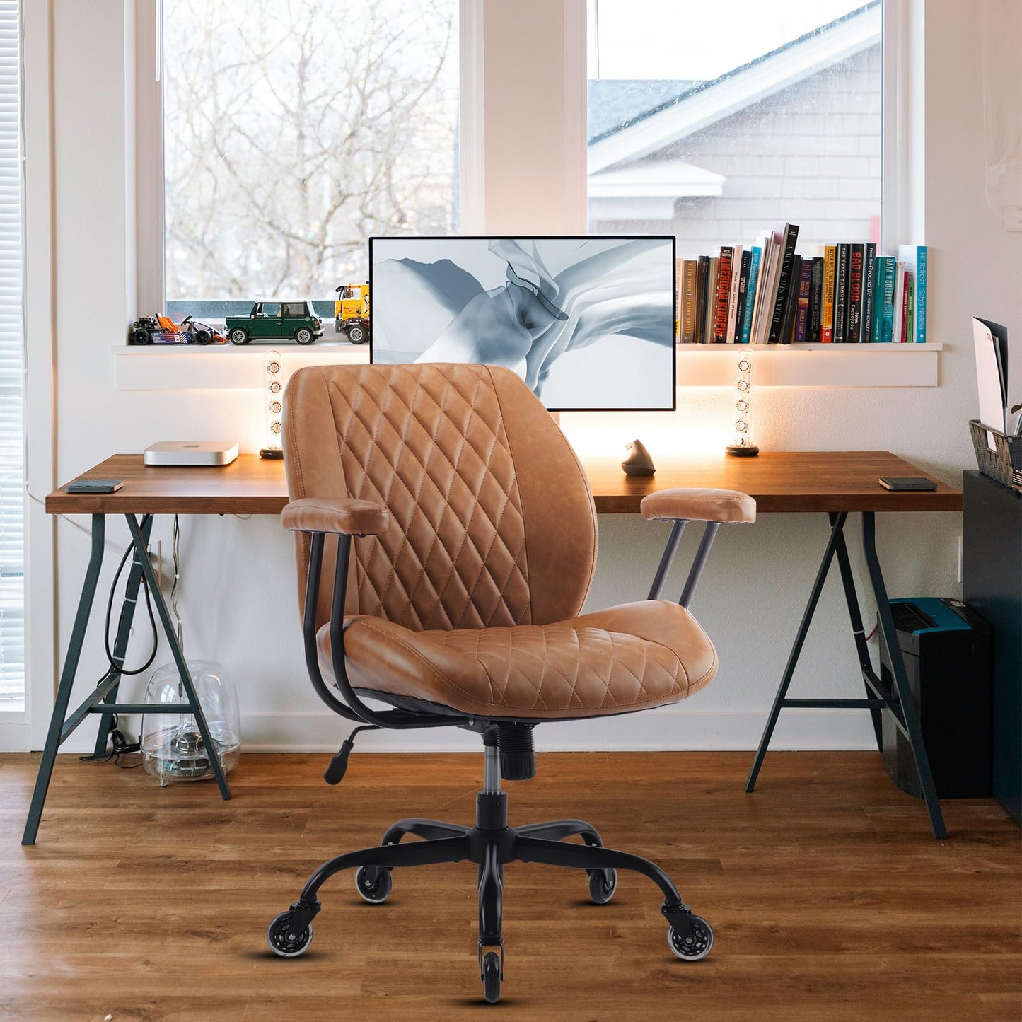 YFO Home Office Desk Chair Office Rubber Casters Ergonomic Computer Chair with Lumbar Support Adjustable Height Rolling Swivel Executive Task Armrests Chair, Brown Leather