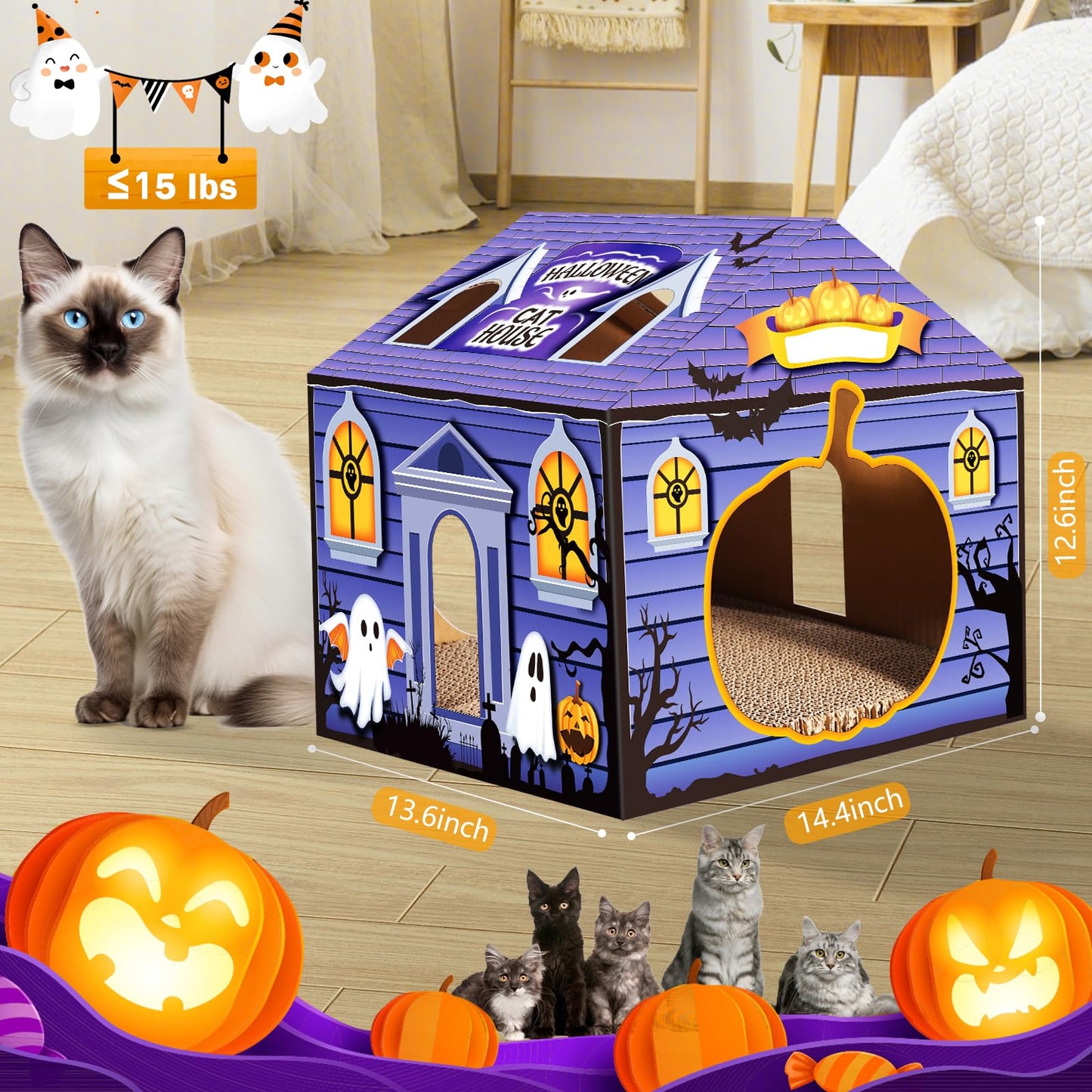 Tailtastic Halloween Cardboard Cat House Playhouse with 2 Scratching Pads & Catnip - Indoor Cat Scratcher Hideaway for Kittens & Cats (14"x14"x13")