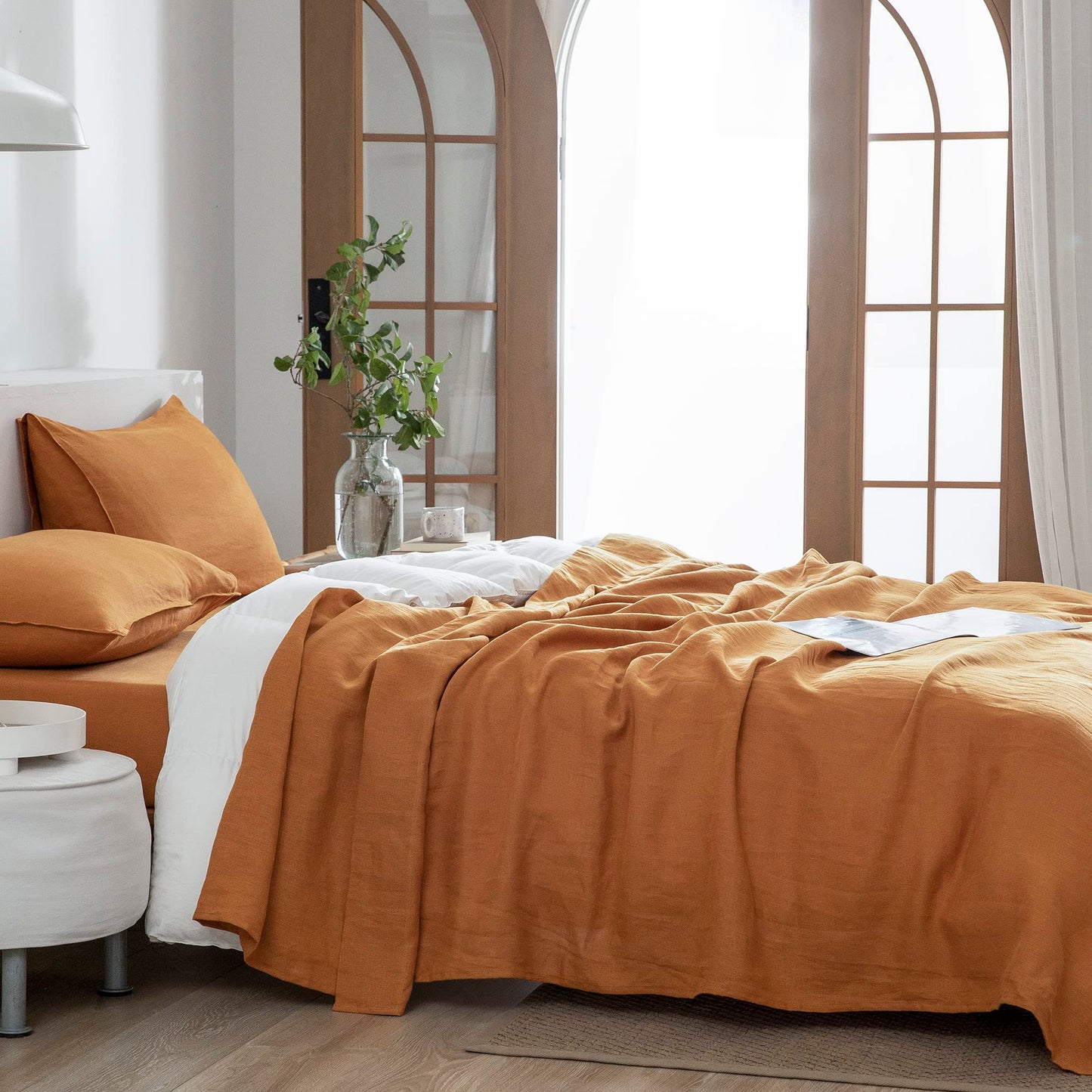 EVERLY Linen Sheets Set Twin Size,100% French Pure Linen Sheets Set,3Pieces (1Flat Sheet,1Fitted Sheet,1Pillowcase) Suitable for Hot Sleepers, Stonewash Deep Pocket Natural Bedding Set-Caramel