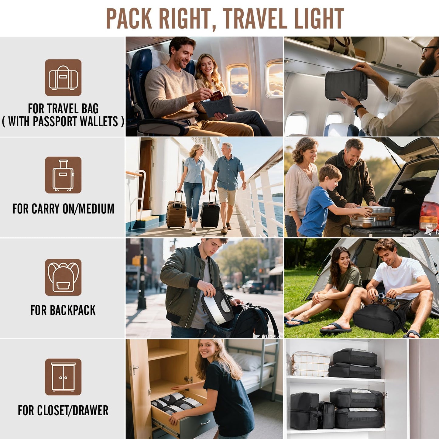 Veken 10 Set/8 Set Packing Cubes for Travel Essentials, Suitcase Organizer Bags in 4 Sizes, Carry-On Luggage Accessories with Laundry Bag & Passport Holder, Airplane Must Have, Camp Gifts for Men