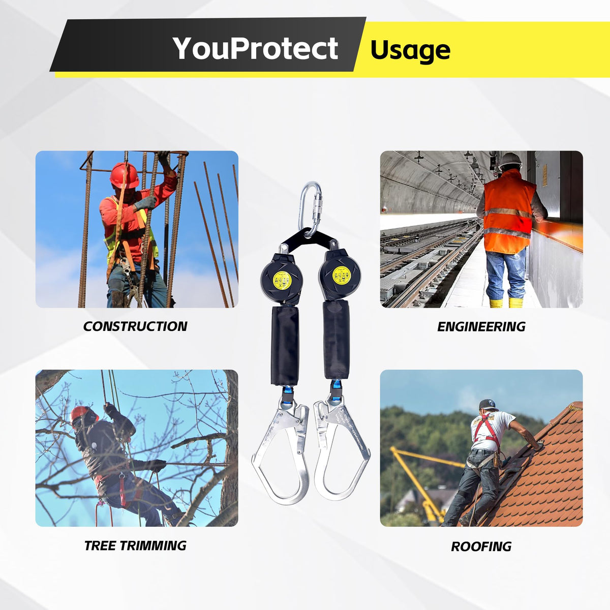 6 FT Dual Leg Self-Retracting Lifeline Web Lanyard Retractable, 2.36 inch Gate Opening Twin Steel Locking Hooks, Double Yoyo, Shock Absorber | Fall Protection OSHA & ANSI Compliant SRL