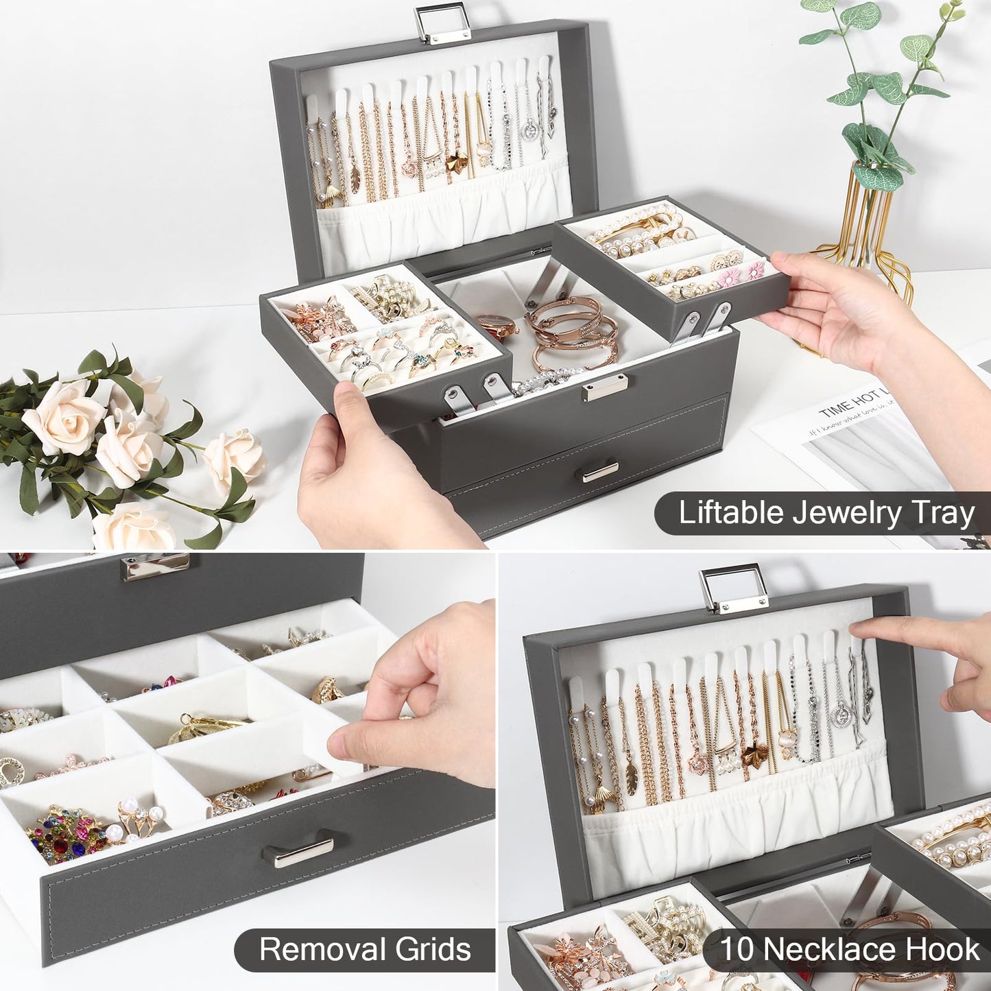 Jewellery Box Organiser, 3 Layer PU Leather Jewellery Case, Large Jewellery Organiser with Drawer, Jewellery Storage Case for Necklaces Earrings Bracelets and Rings, Grey