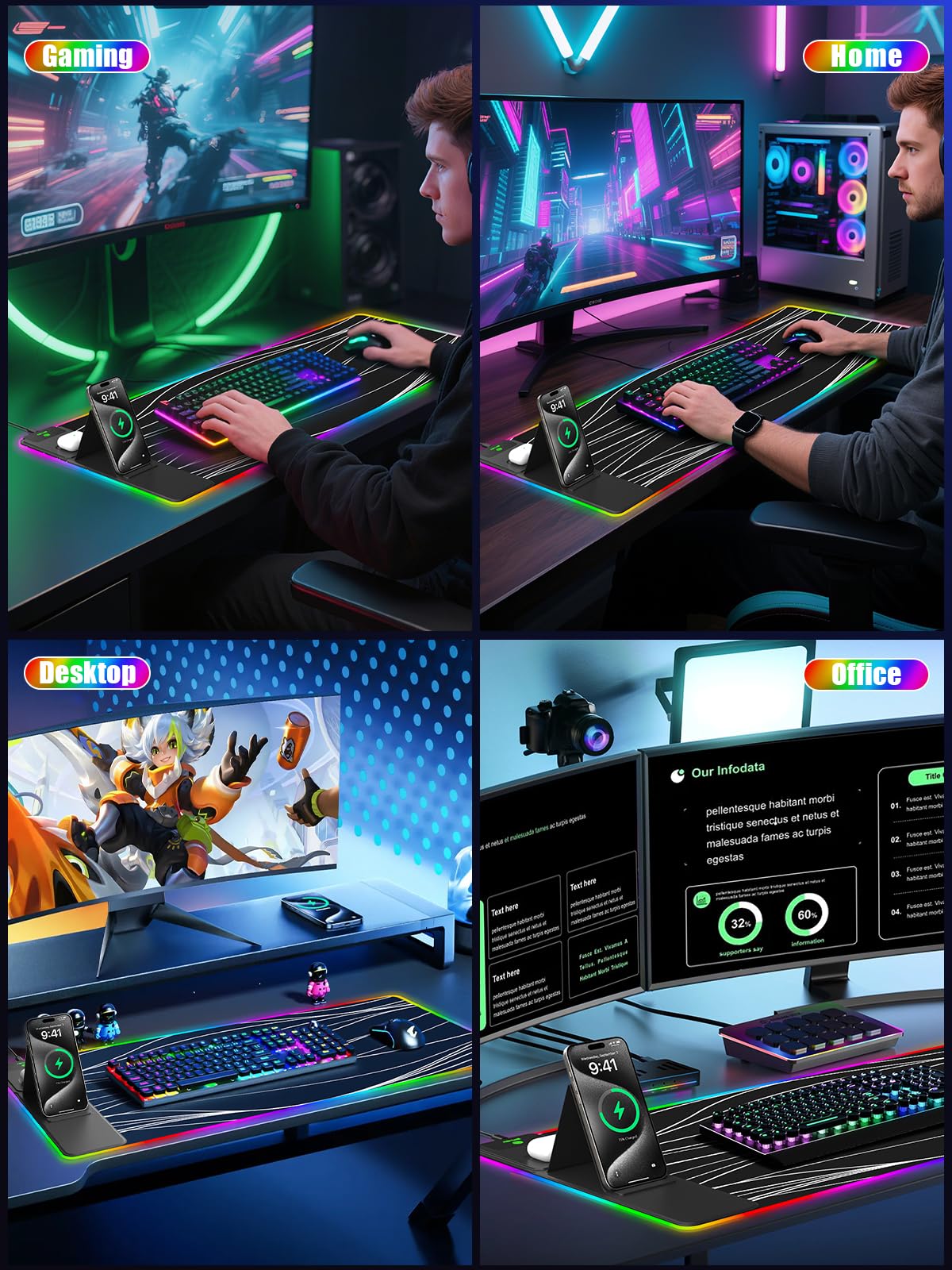 Mouse Pad with Foldable Phone Holder & Wireless Charger, XXL RGB Gaming Mousepad 31.5"x15.8" Large Desk Mat for Keyboard, Black Desk Pad with Dual Qi Charging Station | 11 Colors 5 Modes | Waterproof