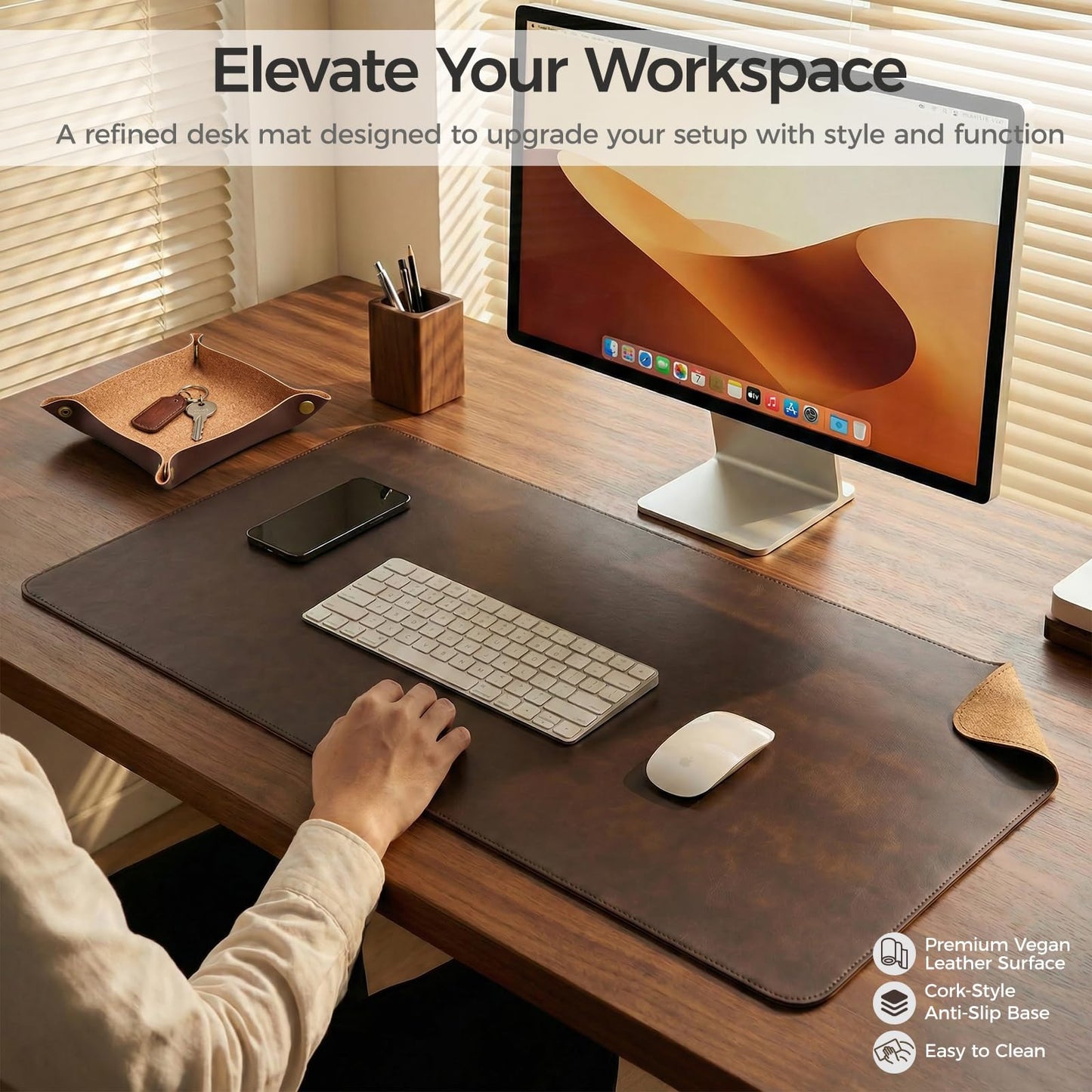 Premium Faux Leather Desk Mat & Tray Set,Innovative Cork-Look Printed Base,Gift Tube Packaging,Full-Desk Coverage,Non-Slip Desk Pad for Office Home(Espresso Brown)