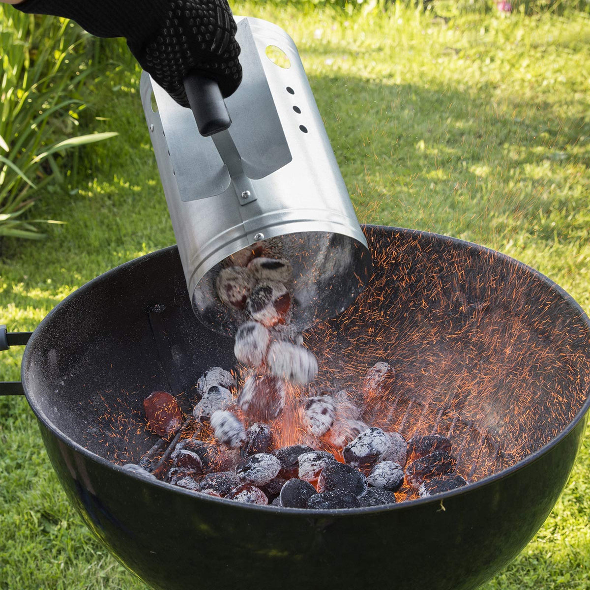 CADARA Charcoal Chimney Starter Set Charcoal Chimney Lighter Can A 1472℉ Heat Resistant Grill Glove Portable BBQ Fan Air Blower Outdoor Cooking Charcoal Barbecue Holder Accessories