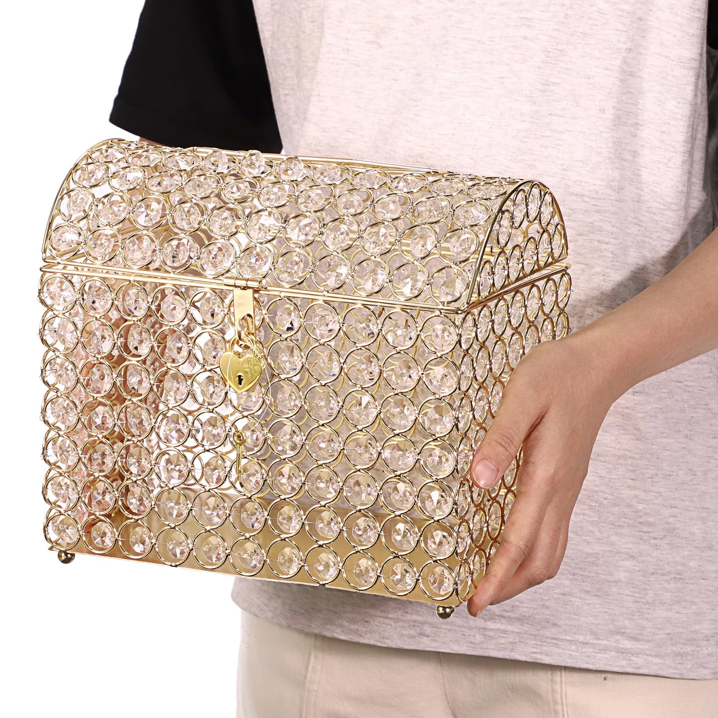 ELLDOO Crystal Wedding Card Box with Heart Lock, Money Card Box Treasure Chest Style Gold Gift for Wedding Receptions Centerpiece Decor Anniversary Keepsake Gift Display Csae, Medium