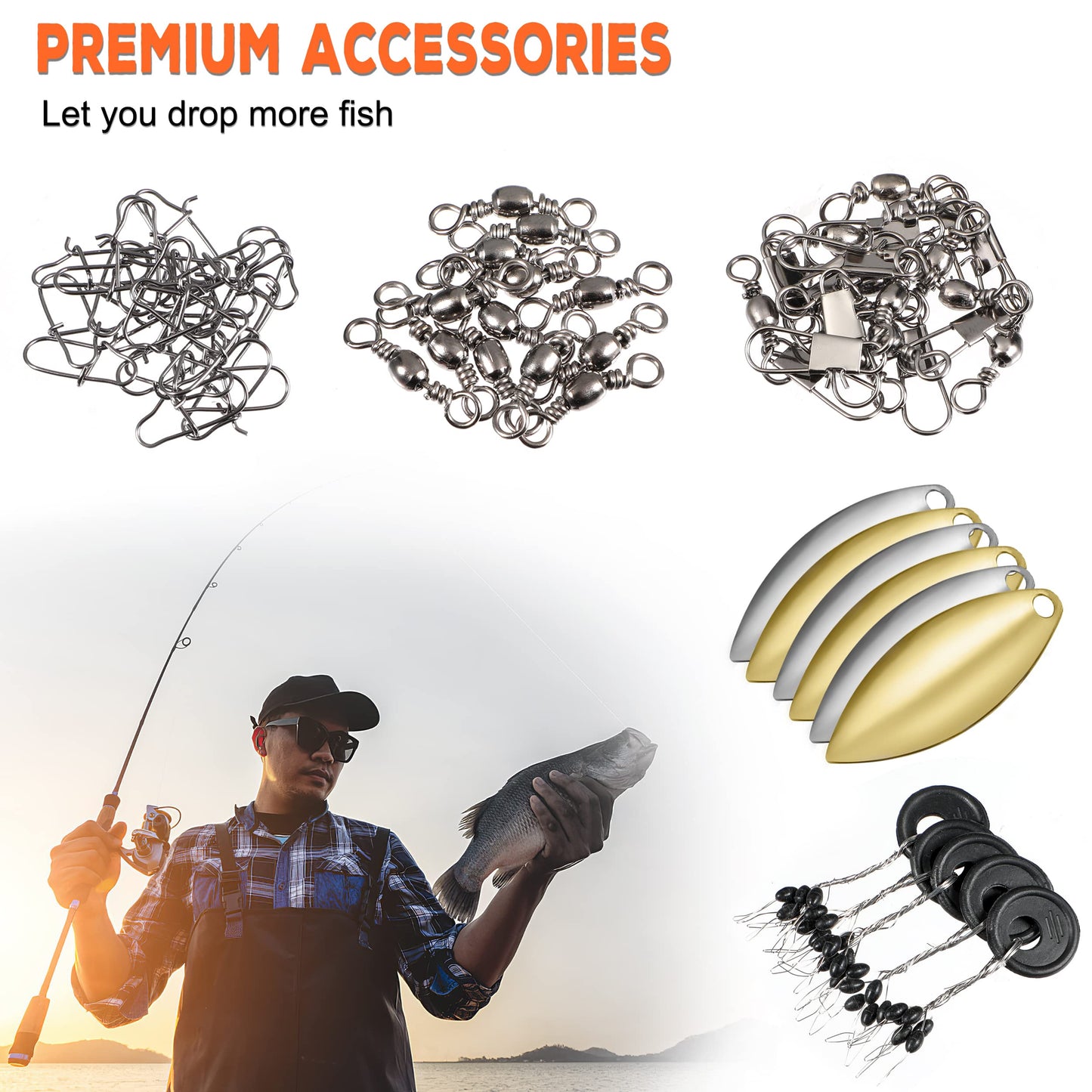 PLUSINNO Fishing Gear Accessories Kit, 253PCS Fishing Tackle Box with Tackle Included, Fishing Hooks, Fishing Weights Sinkers, Spinner Blade, Fishing Equipment for Bass Trout Bluegill Crappie