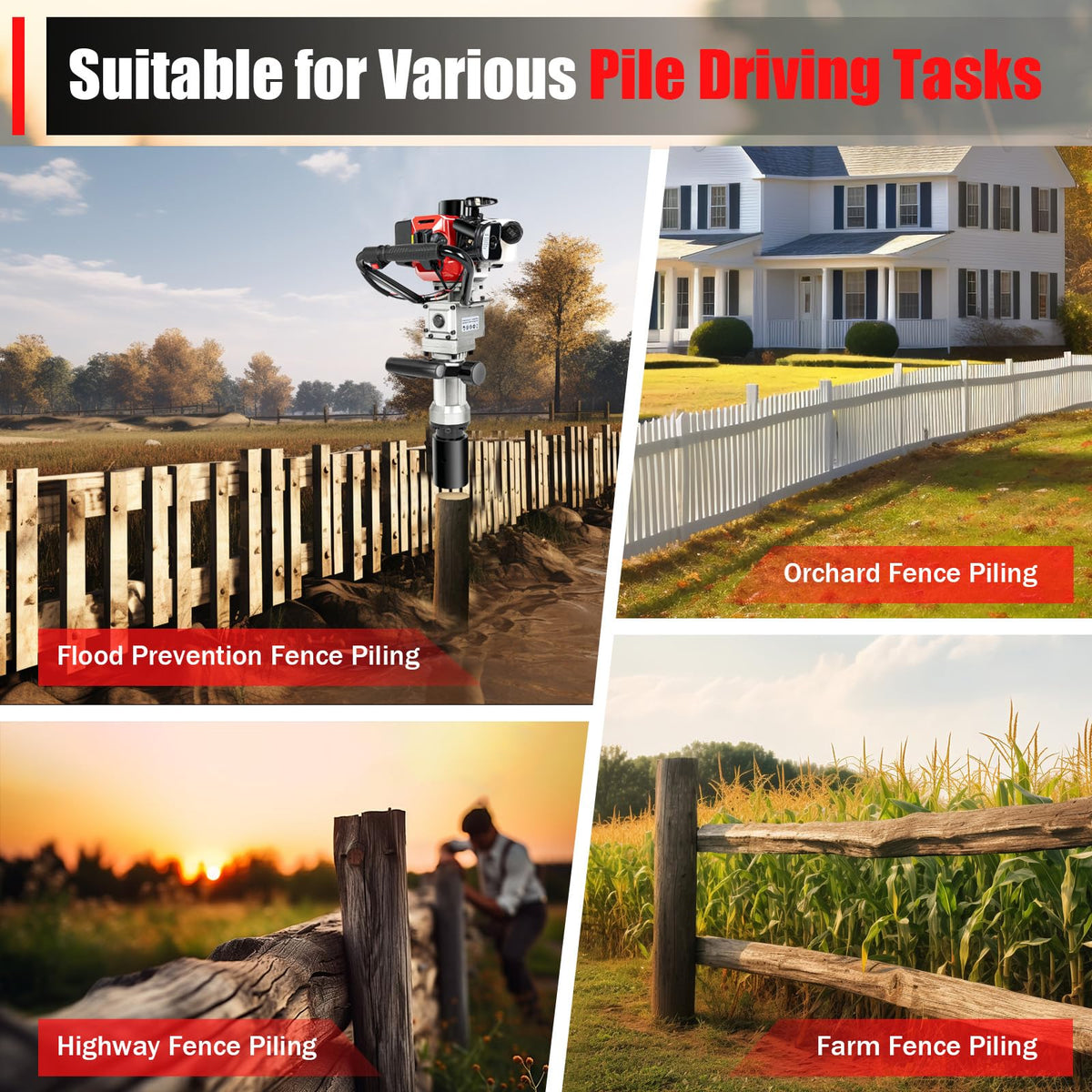 32.7CC 2 Stroke Gas Powered T Post Driver, 900W Portable Fence Post Driver with Air-Cooled System, 8500RPM Petrol Pile Driver Hammer with 2 sockets (2.17in, 2.76in) for A Range of Piling Projects