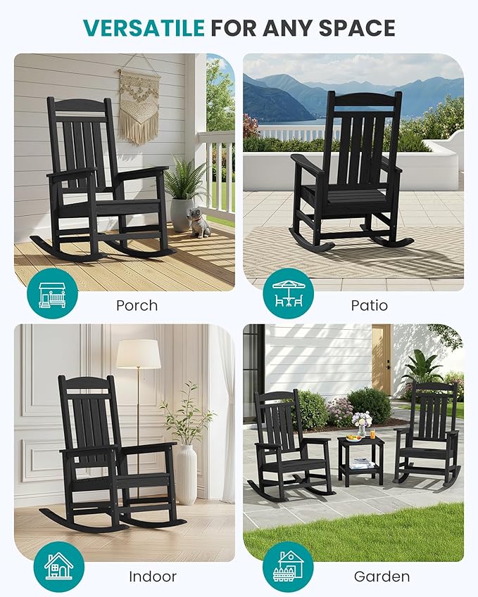 SERWALL HDPE Outdoor Rocking Chair Set of 2, Patio Rocking Chairs, All-Weather Porch Rockers for Adults, Black