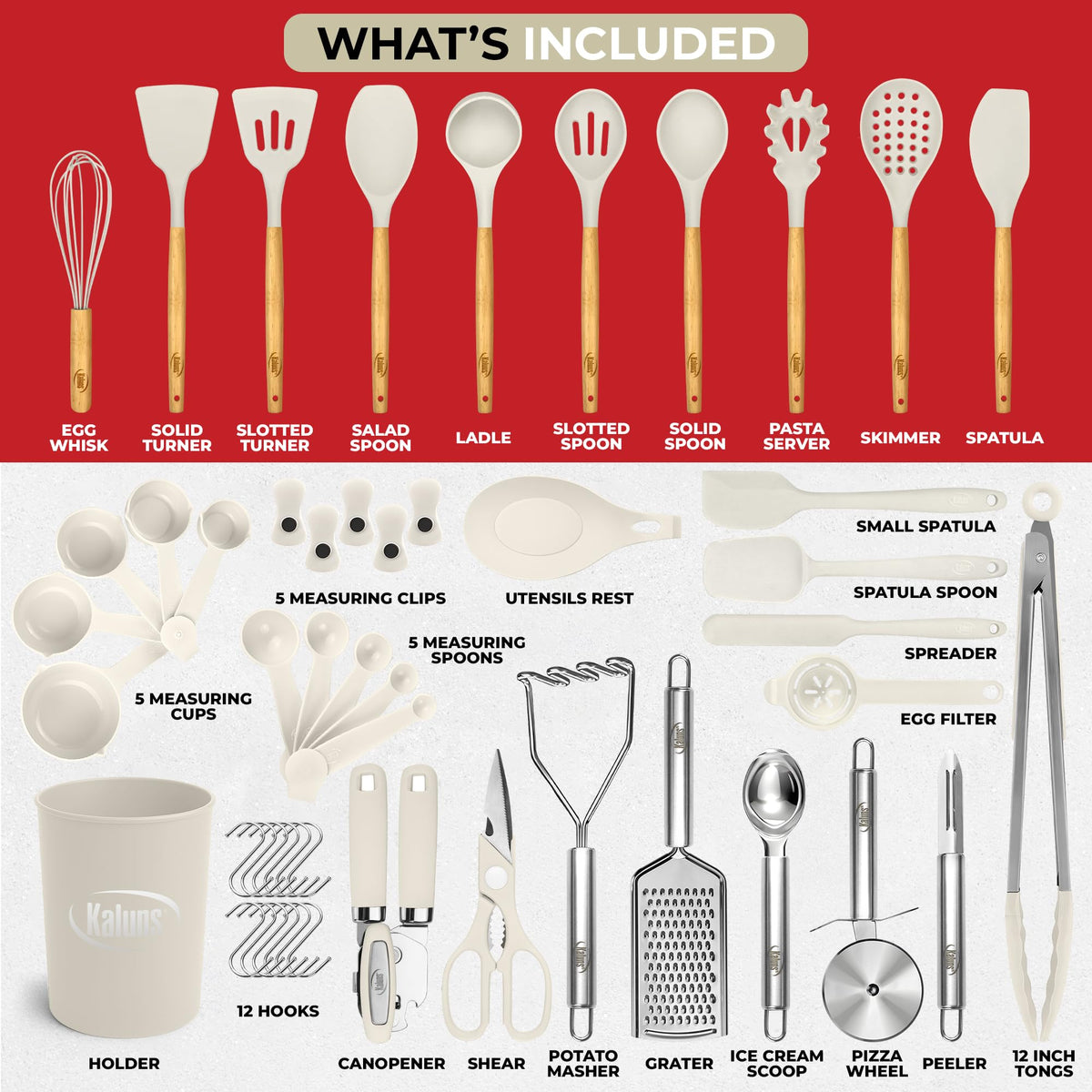 Kaluns 50 PCS Silicone Kitchen Utensils Set Complete Kitchen Set - 800°F Heat Resistant Non-Stick Premium Cooking Utensils W Wooden Handles - Can Opener, Masher, Turner, Silicone Spatula Set