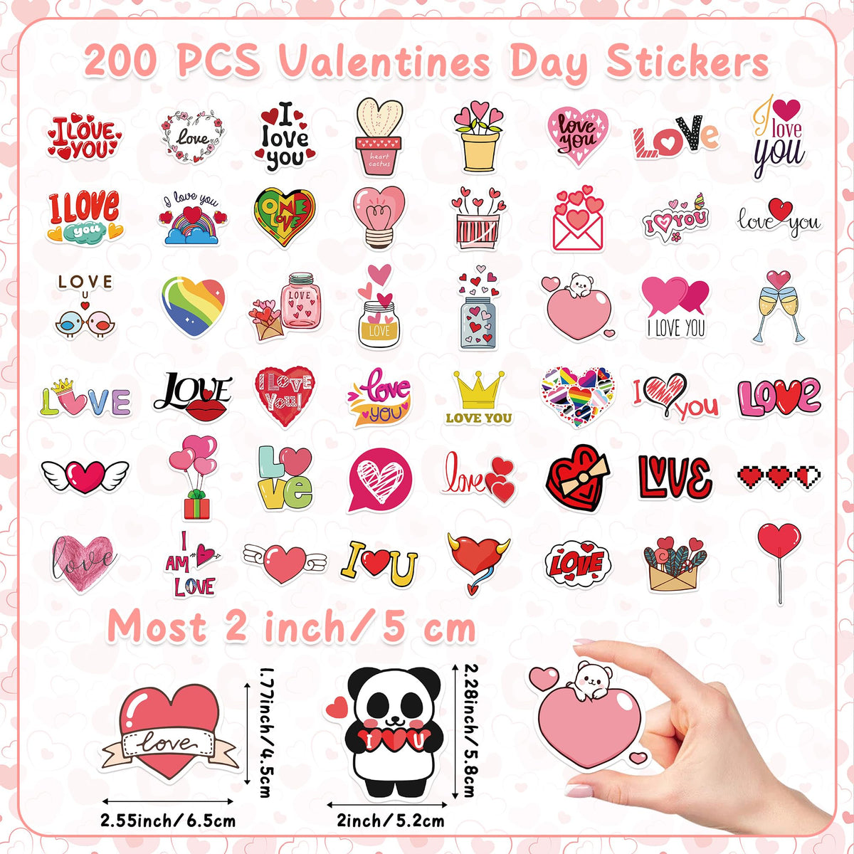 Valentines Stickers, 200 PCS Love Stickers, Valentines Sticker for Kids, Heart Sticker Crafts for Kids Classroom, Self-Adhesive Vinyl Waterproof Valentine's Day Gift Decal for Water Bottle Scrapbook