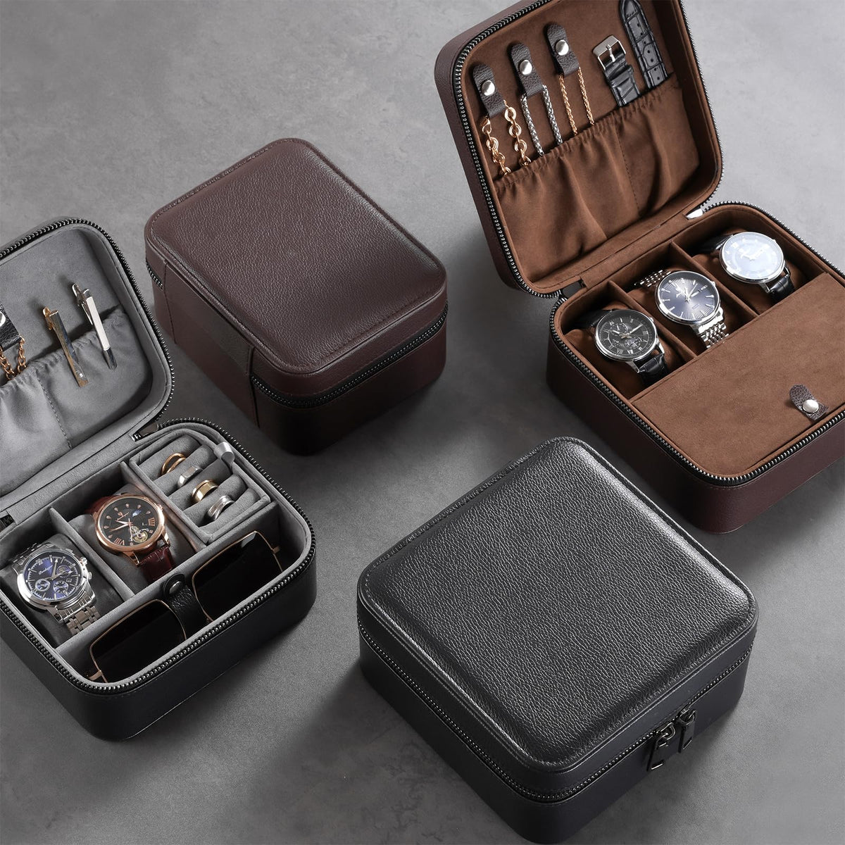 ProCase Travel Watch Case, 3 Slots PU Leather Mens Jewelry Box, Portable Watches Cufflinks Accessories Storage Case, Zippered Carrying Organizer Bag for Man, Valentine's Day Gift -Black