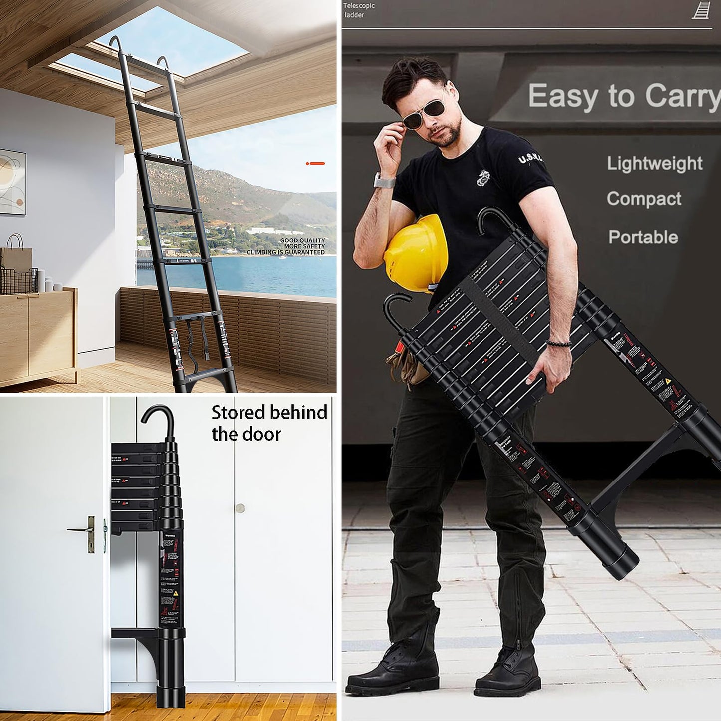 ARCHOM Telescoping Ladder 15 FT - Aluminum Telescopic Ladder with Hooks - Folding Extension Ladders for Home Work Loft Roof Attic RV Ladder with EN131 Certification - 330lbs Max Capacity (Black)