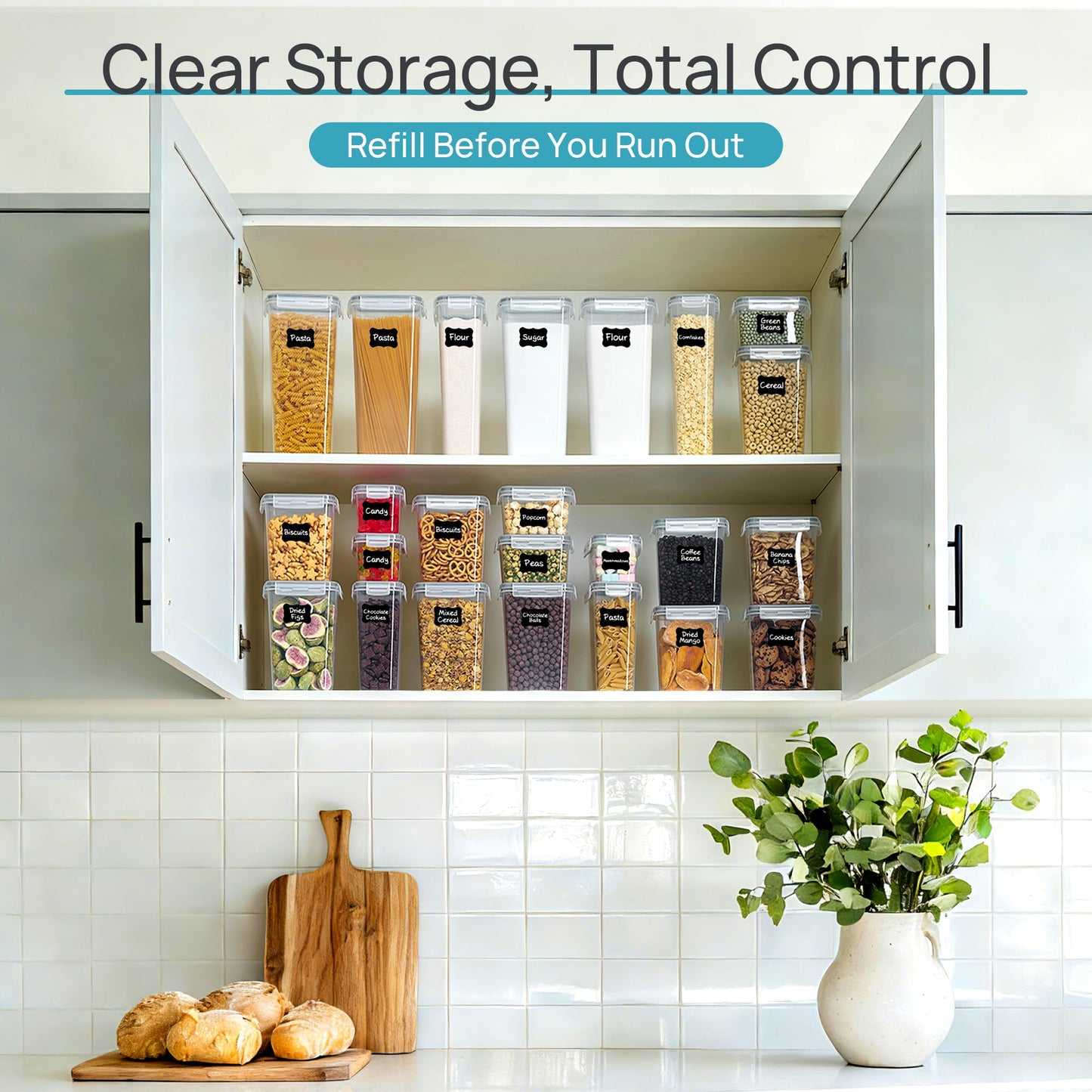 Vtopmart Airtight Food Storage Containers with Lids, 24 pcs Plastic Kitchen and Pantry Organization Canisters for Cereal, Dry Food, Flour and Sugar, BPA Free, Includes 24 Labels,Gray