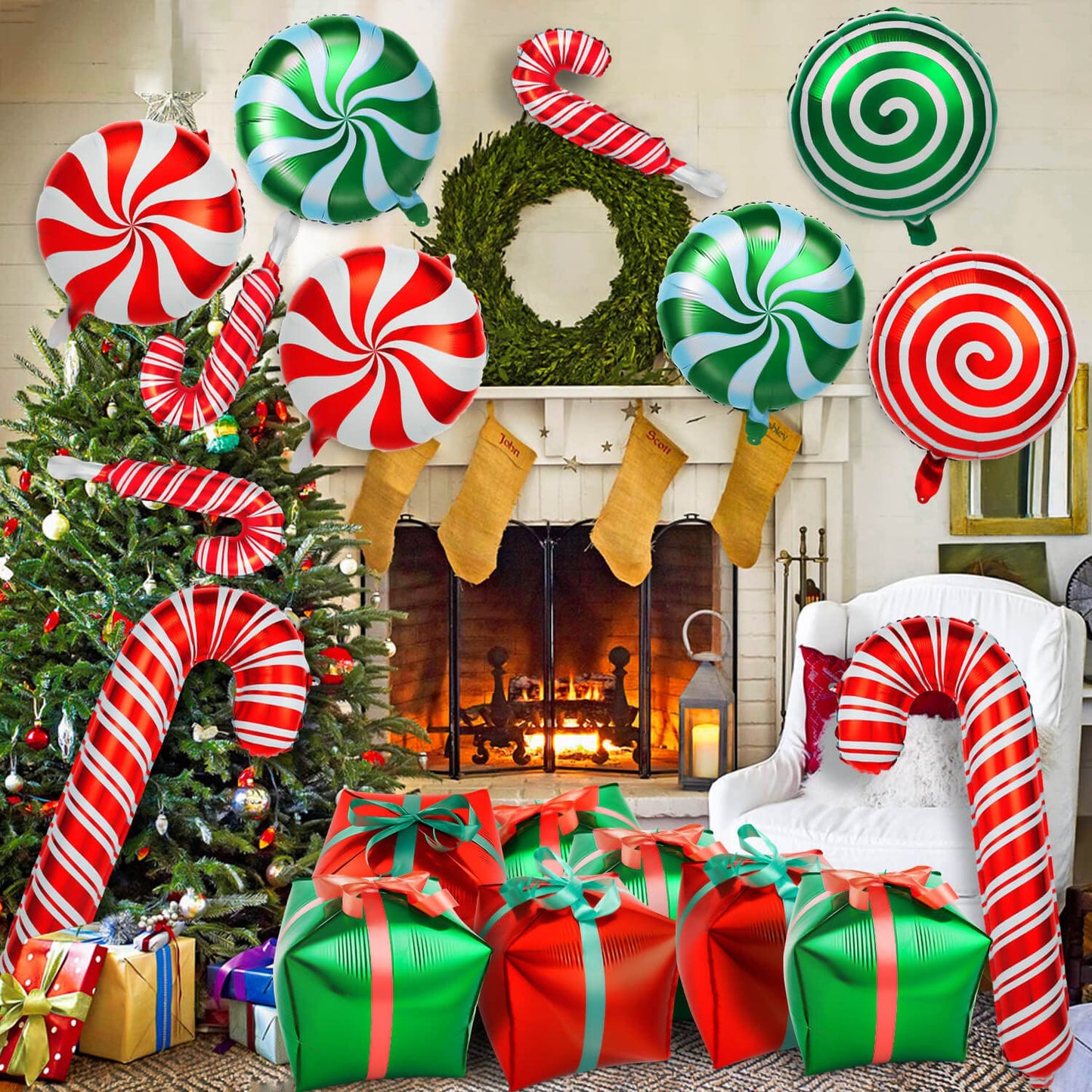 32Pcs Christmas Balloons, Christmas Candy Cane Foil Balloons with Ribbons, Red Green Mylar Balloon for Party Decorations