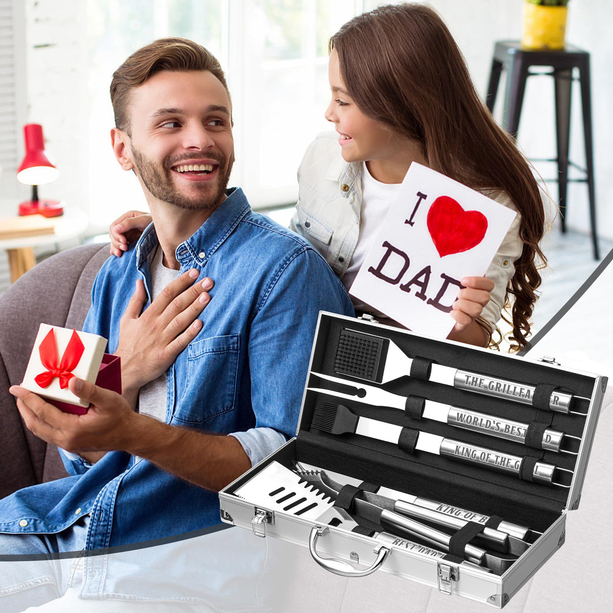Dad Gifts, Dad Birthday Gifts from Daughter Son Heavy Duty Grilling Accessories Kit for Backyard BBQ, Thick Stainless Steel Grill Utensils with Non-Slip Handle Tool for Man on Christmas