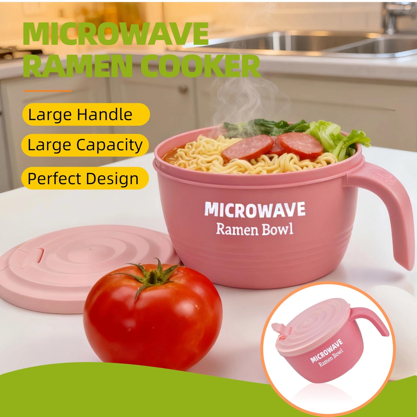 Layron Large Ramen Bowl Set, Ramen Noodle Bowls Microwavable 45 oz, Ramen Cooker, Microwave Pasta Cooker, Ramen Bowl Microwave Gift for College Boys Girls Male Female Dorm Room (pink)