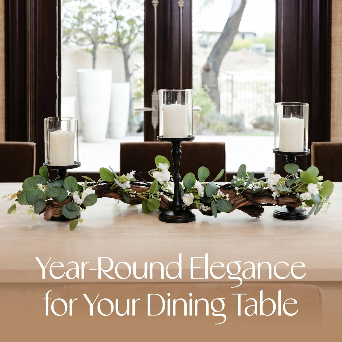 Eucalyptus Table Centerpiece with Candle Holders, Farmhouse Dining Table Decor, Rustic Greenery Centerpiece for Coffee Table, Mantle, Entryway, Wedding & Home Decor (Black)