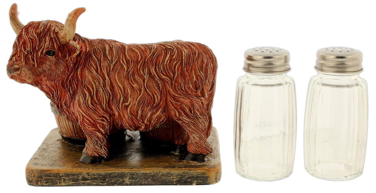 The Bridge Collection Highland Cow Decorative Salt and Pepper Shaker Set - Rustic Farmhouse Kitchen - Farm Animal Bull with Horns S&P