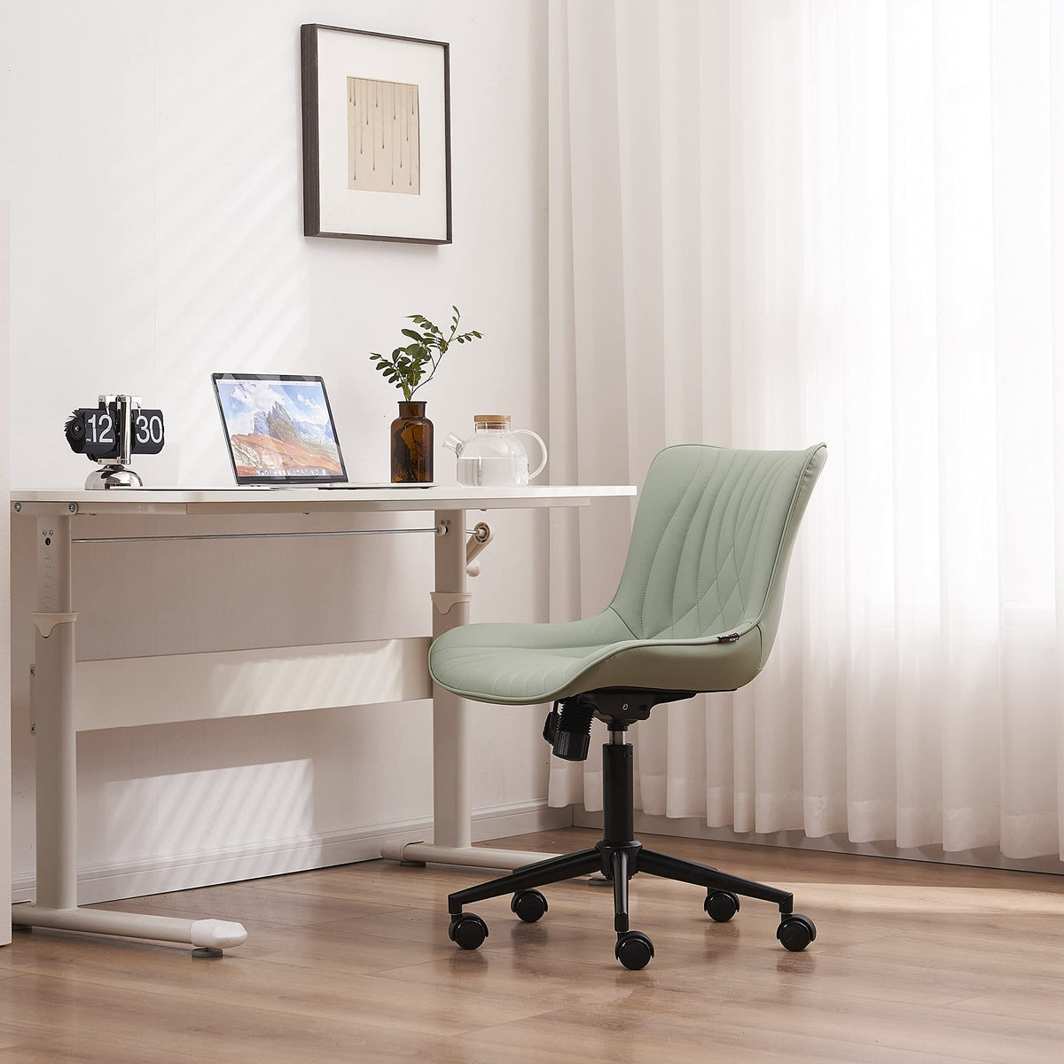 YOUNIKE Office Chair, Armless Desk Chair with Wheels, Home Office Computer Task Chairs, Modern Faux Leather Padded Vanity Chair, Adjustable Swivel Rolling Office Chair with Back, Mint Seafoam Green
