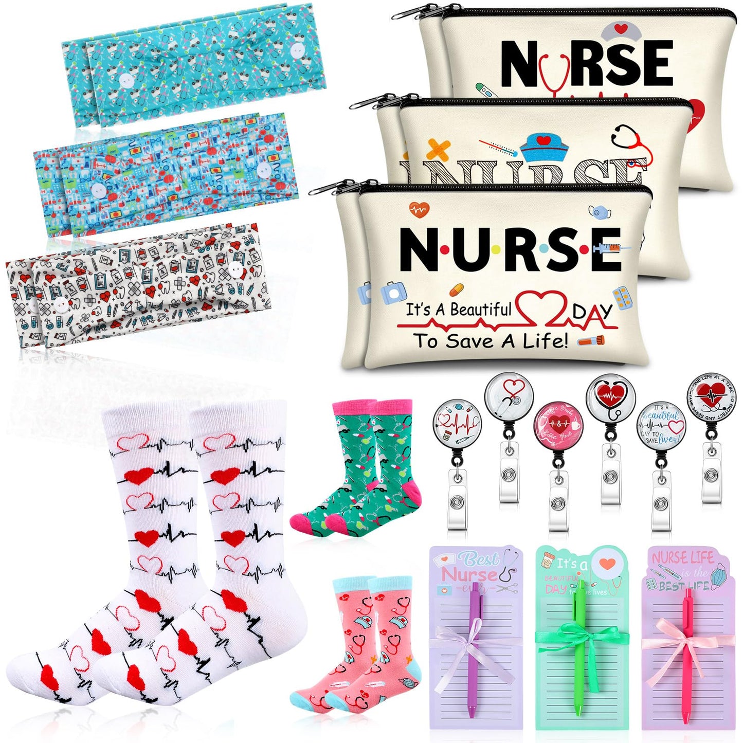 Hotop 36 Pcs Nurse Survival Kit 2026 Nurse Week Gifts Appreciation Gifts Bulk Badge Reel Makeup Bags Socks Headbands Notepads with Pen CNA Accessories for Nursing Doctors Medical Assistant Students