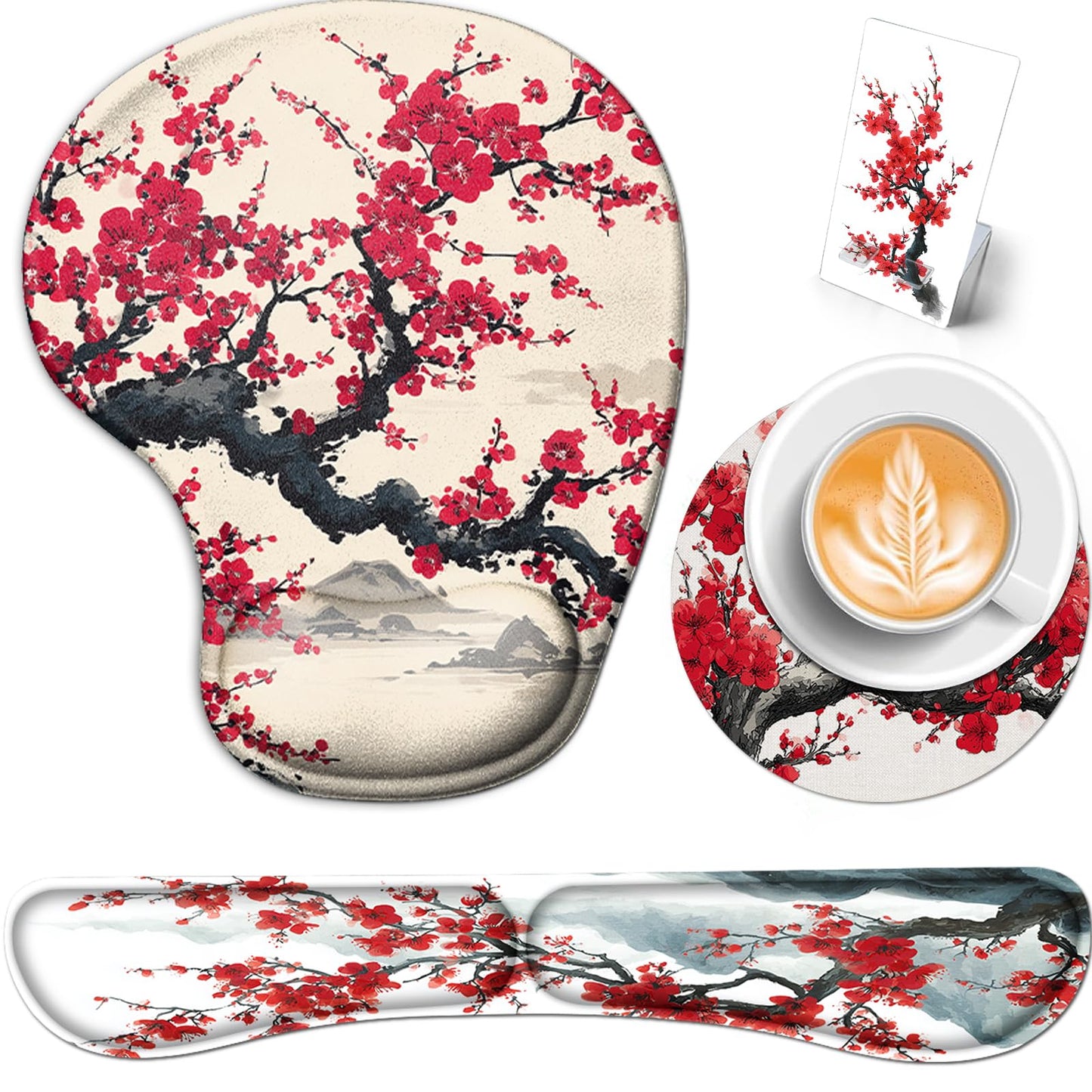 AQQA Japanese Desk Mat Set, Large Gaming Mouse Pad with Wrist Rest, Ergonomic Mouse Pad Keyboard Mat Wrist Support,Phone Holder,Cup Coaster,Home Office Desk Accessories Decor Supplies, Cherry Blossom