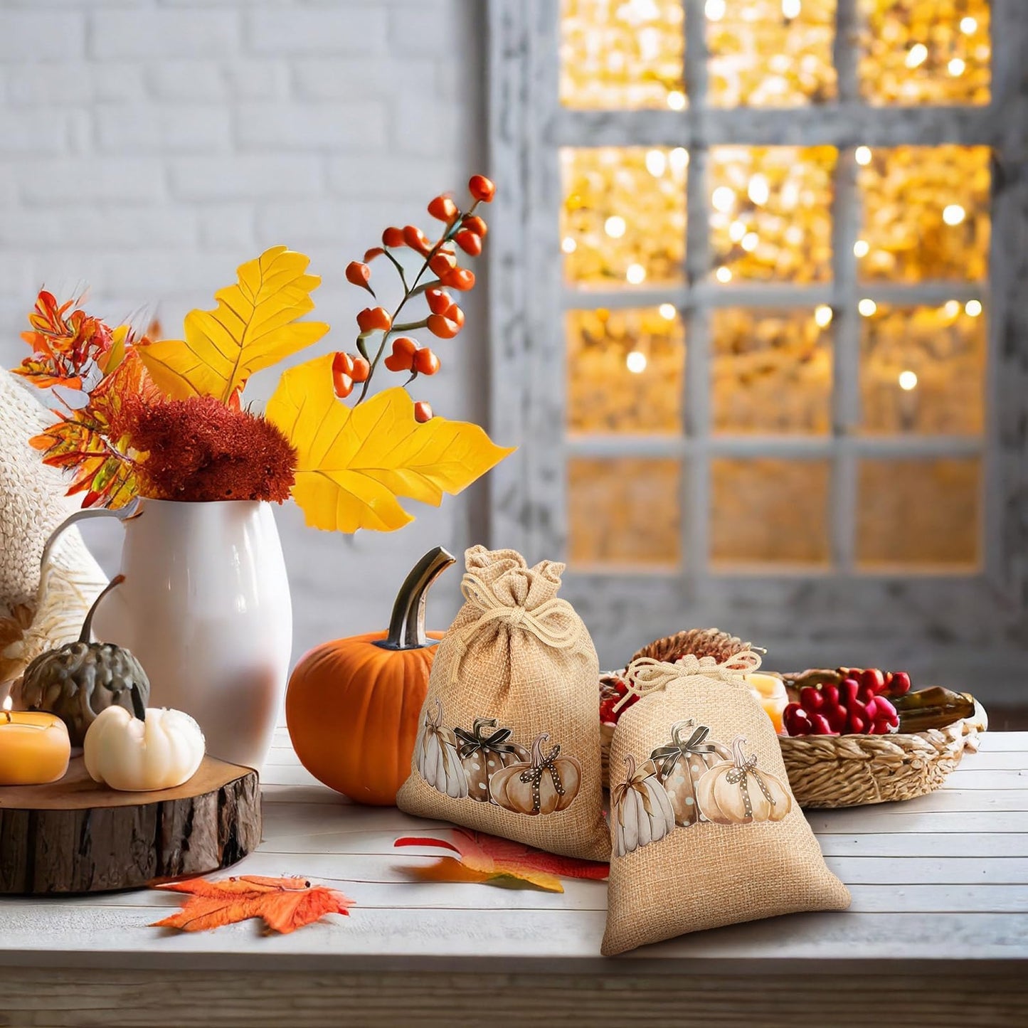 SATINIOR 50 Pcs Fall Thanksgiving Treat Bags Pumpkin Burlap Gift Goodie Bags with Double Jute Drawstrings Linen Candy Pouch 4 x 6'' for Autumn Harvest Holidays Party Favor