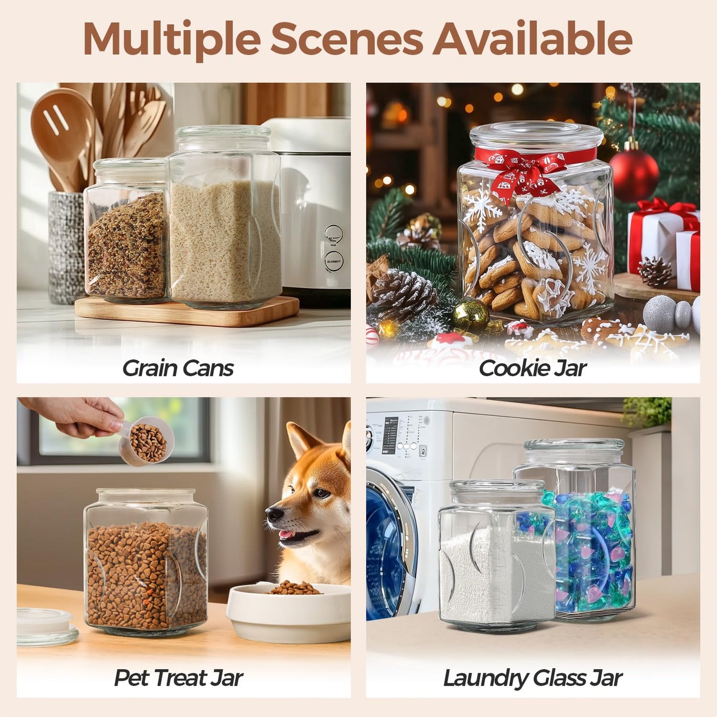 ComSaf 2 qt Glass Flour and Sugar Storage Containers Set of 2, Wide Mouth Half Gallon Square Airtight Pantry Jars with Lids, Thick Glass Kitchen Canisters for Cookies, Coffee, Snacks