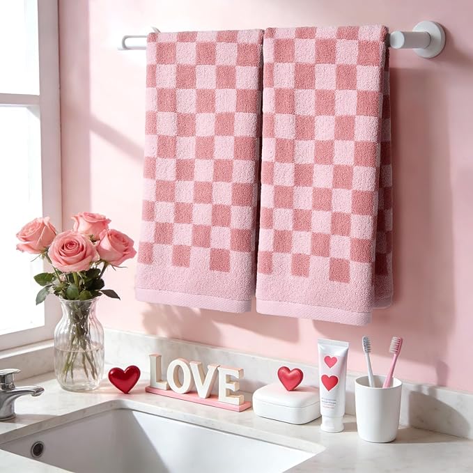 Jacquotha Soft Cotton Hand Towels in Pink Checkered