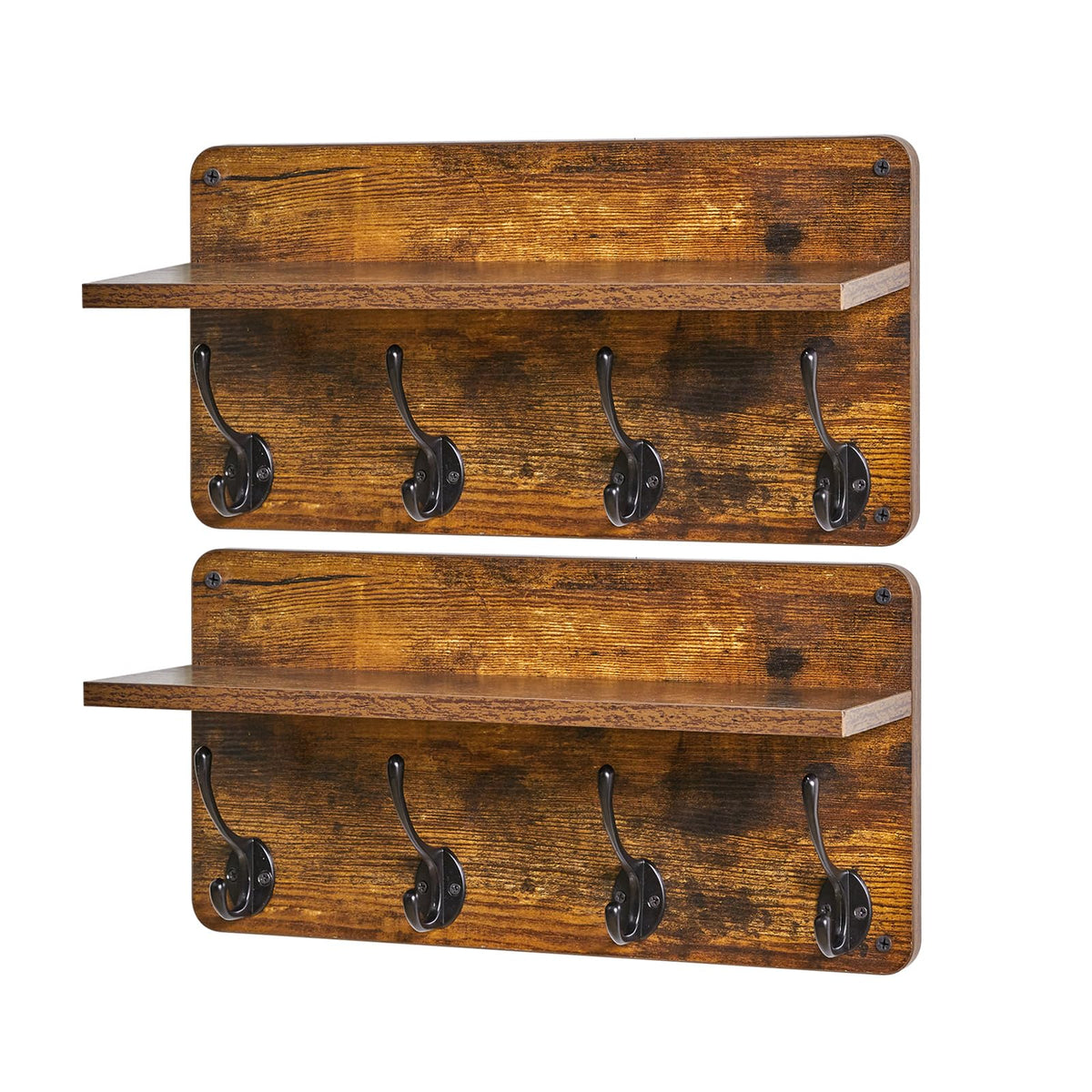 YMYNY Coat Rack Shelf Wall Mounted, Wooden Coat Hooks Set of 2, Entryway Coat Hanger with 8 Hooks,31.5''L Floating Shelves, Key Holder, for Kitchen, Bathroom, Living Room, Rustic Brown, UHWS006H-2