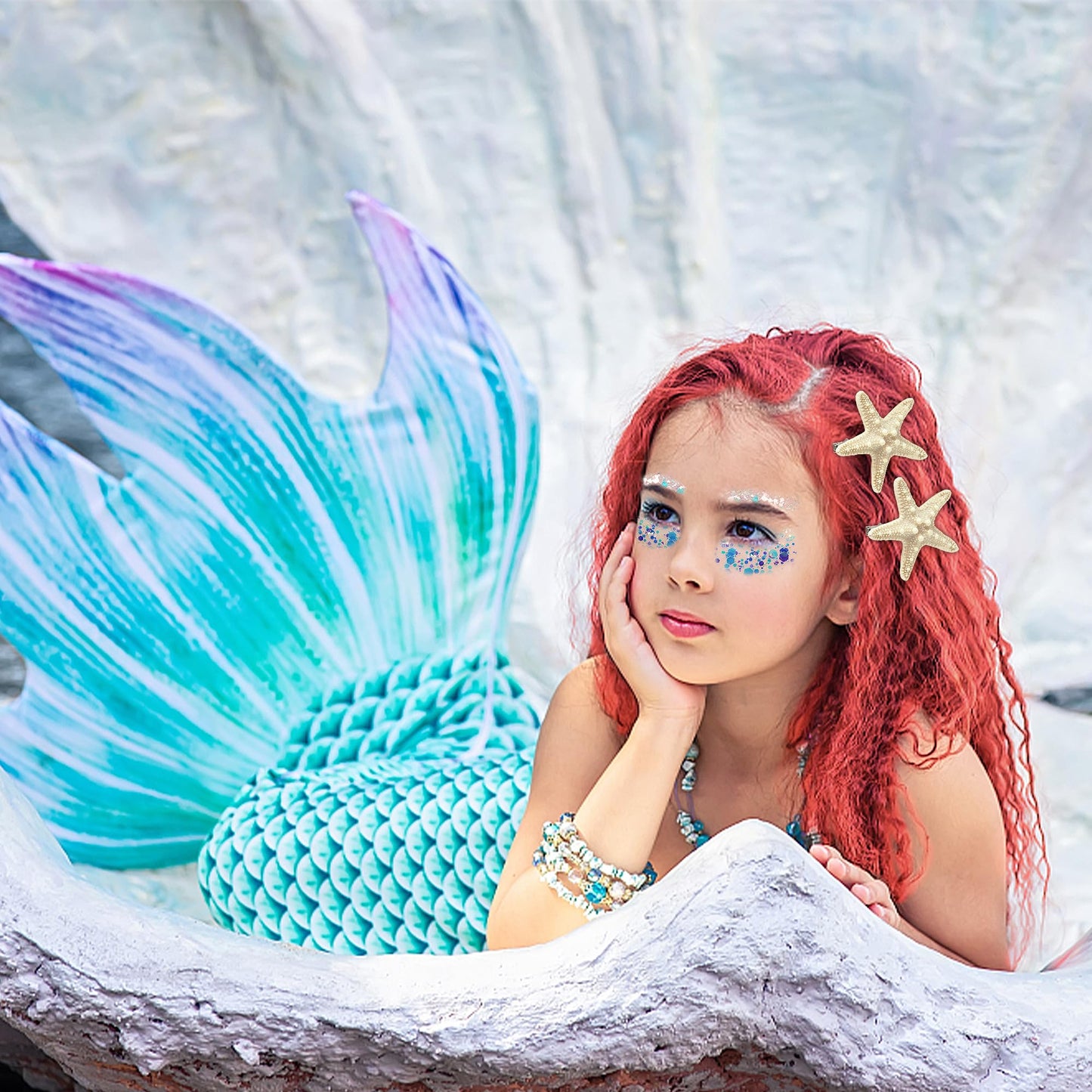 Gofriipai 2 Pcs Starfish Hair Clip with Face Glitter Body Glitter, Mermaid Hair Clips Accessories for Women and Girls, 2 in 1 Accessory Sets for Mermaid Halloween Beach Costume