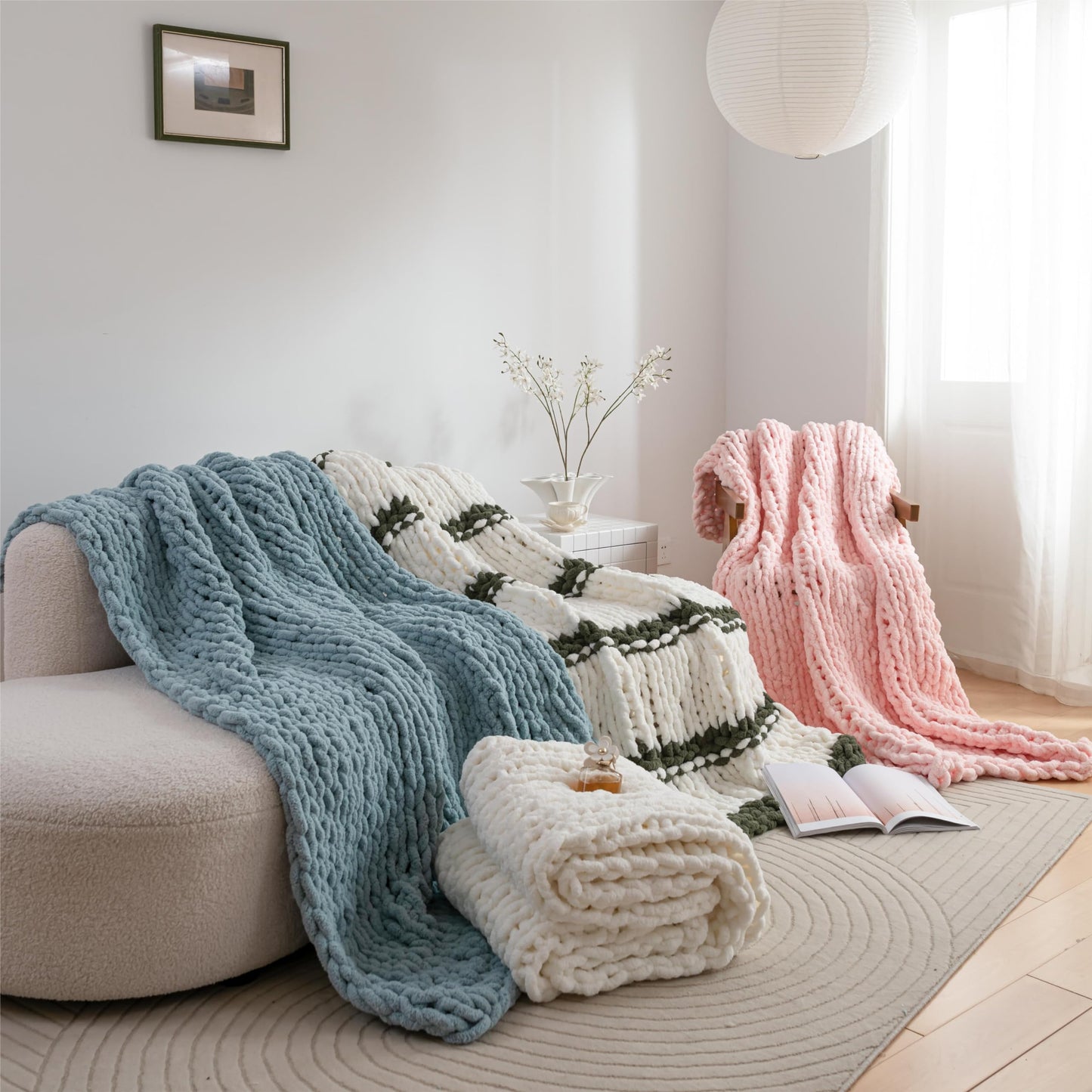RIWASURNA Chunky Knit Blanket Throw 51"×63" Knitted Throw Blankets for Couch Bed Fluffy Soft Blanket with Jumbo Chenille Yarn Thick 100% Handmade(Pink)