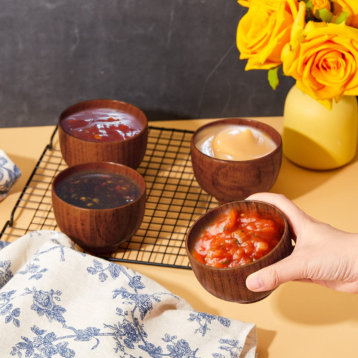 Tioncy 6 Pcs Acacia Wood Small Bowls 4.13 x 2.64 Inch Wooden Bowls Japanese Cups for Food Dipping Sauce Soup Salad Rice Serving Decorations Charcuterie Boards
