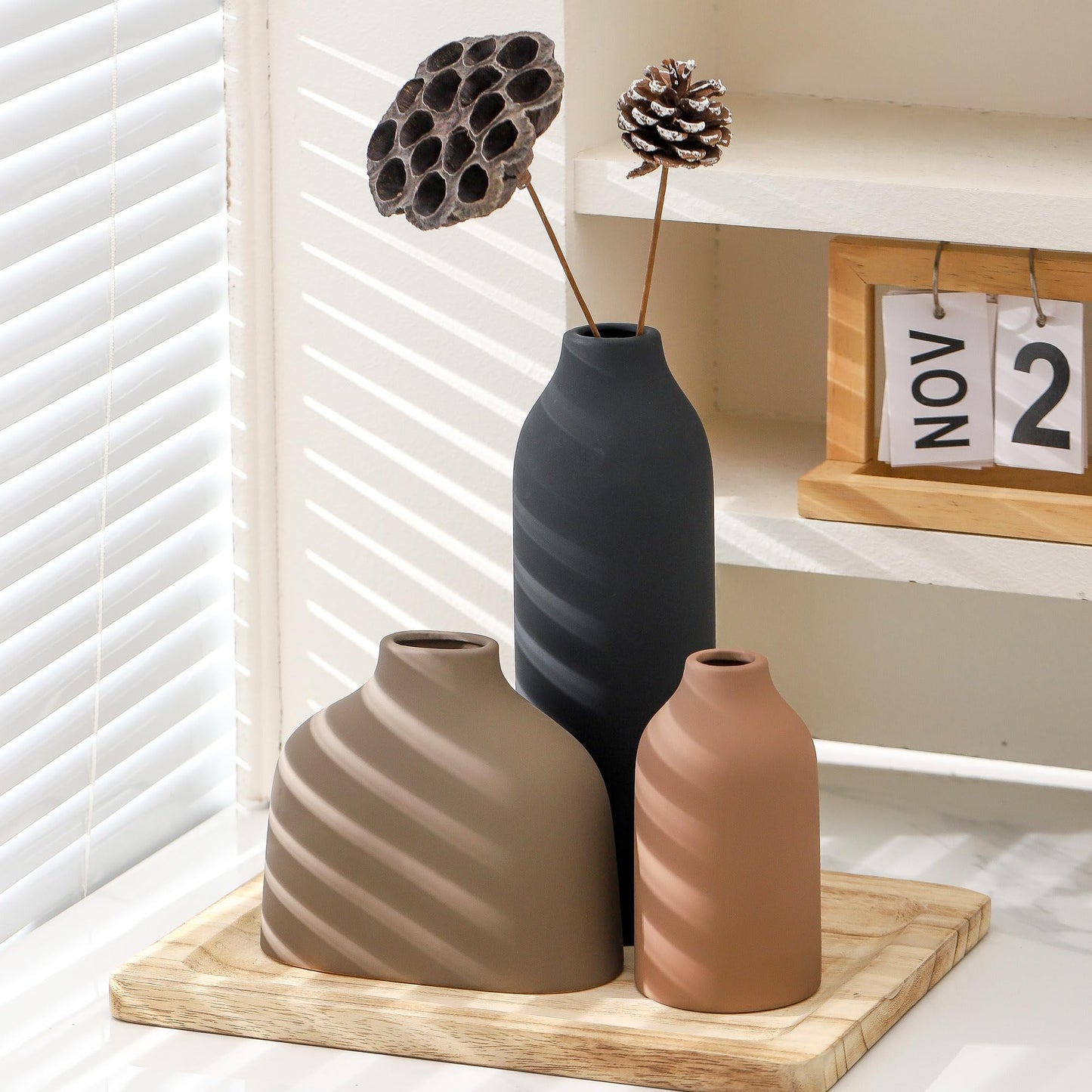 Ceramic Vase Set of 3,Flower Vase Home Decor,Modern Farmhouse Decor, Pampas Grass Dried Fresh Flowers,Bedroom,Living Room,Bookshelf Decoration, Centerpiece Table Decor,Boho Decor.