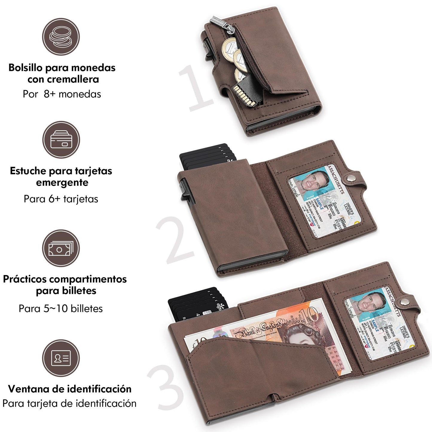 TENBST Slim Wallet with Coin Compartment, Men's RFID Protection, Faux Leather Wallet Men, Automatic Pop-Up Credit Card Case, Brown, Classic, brown, 10cm*7cm*2.1cm, Minimalist