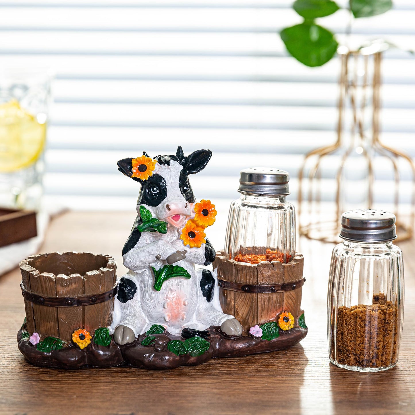 Rustic Farm Cow Salt and Pepper Shaker Holder with Glass Jars