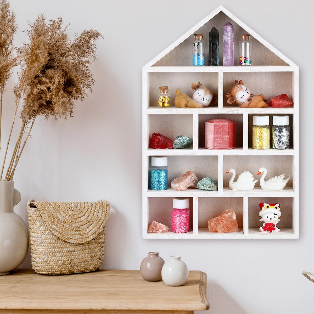 Threehoney House Shaped Wooden Shadow Cubby Box 10 W x 2 1/4 D x 15 H Hanging Display Shelf Organizer Wall Mounted Curio Cabinet Wooden Display Case Miniature Shelf for Figures(Wood Color)