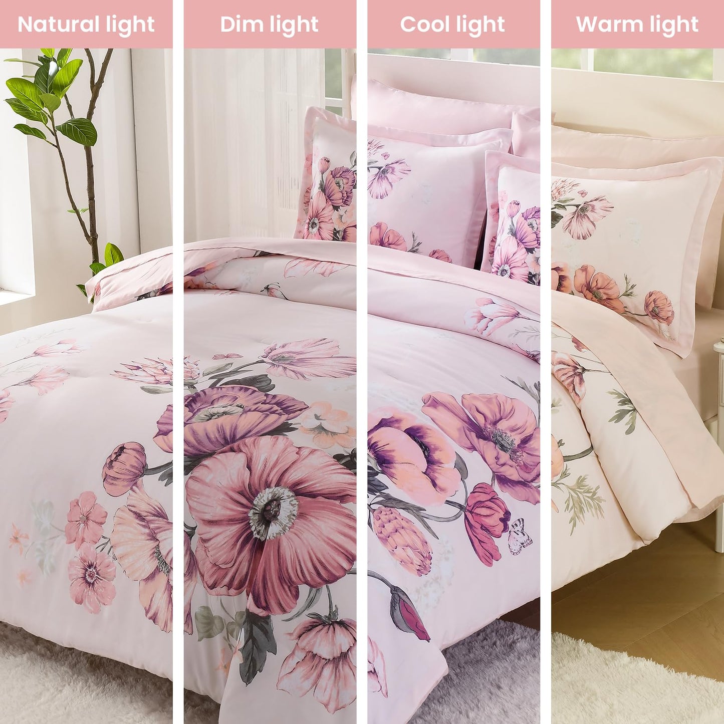 LLDSYW Queen Comforter Set - 7 Pieces Bed in a Bag Pink Floral Queen Comforter Set with Sheets, Soft Microfiber Flower Complete Bedding Set for All Seasons(Pink,90"x90")